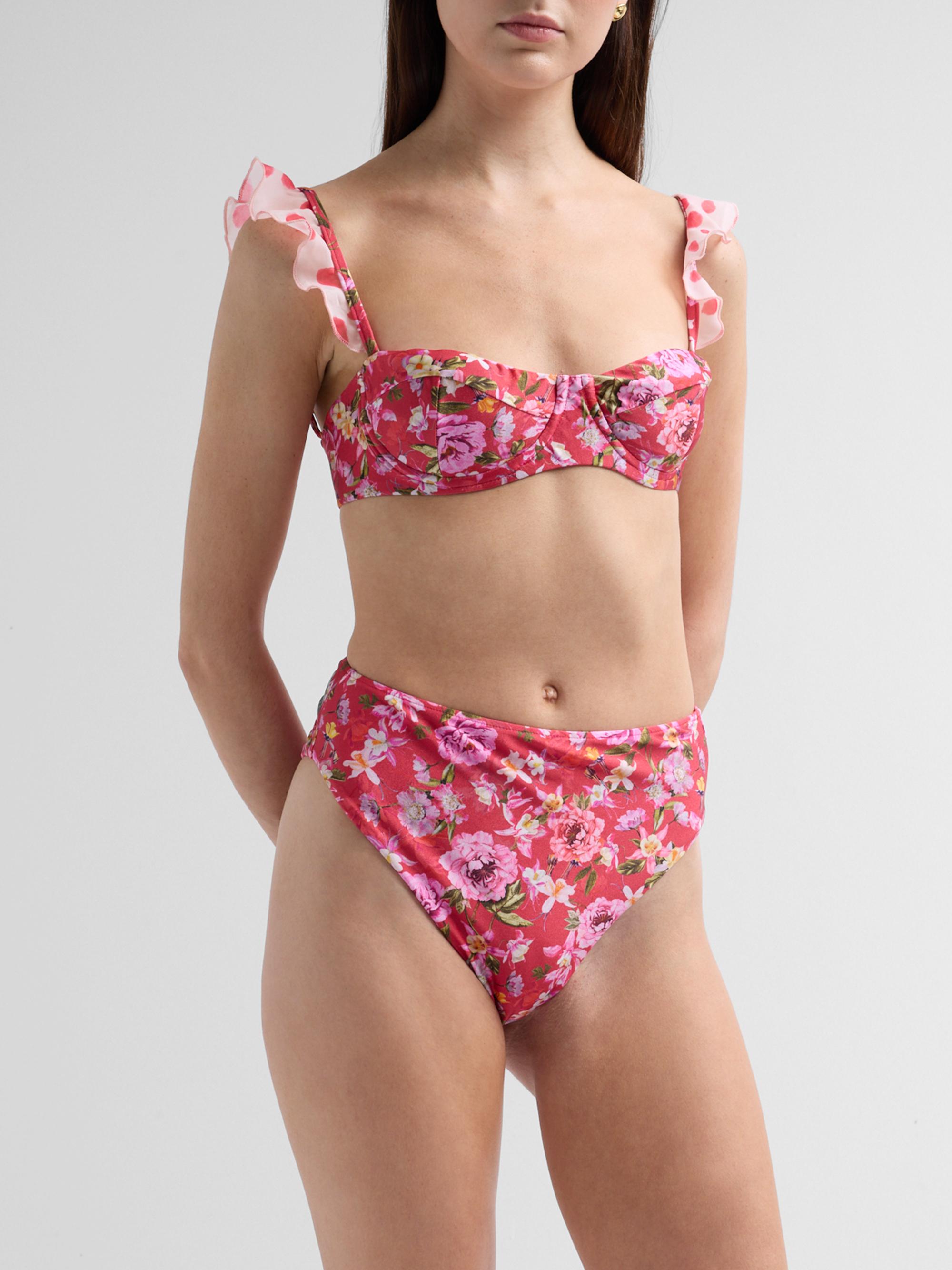PatBO Women's Peony Print High-Waisted Bikini Bottom - Red | Thumbnail 4