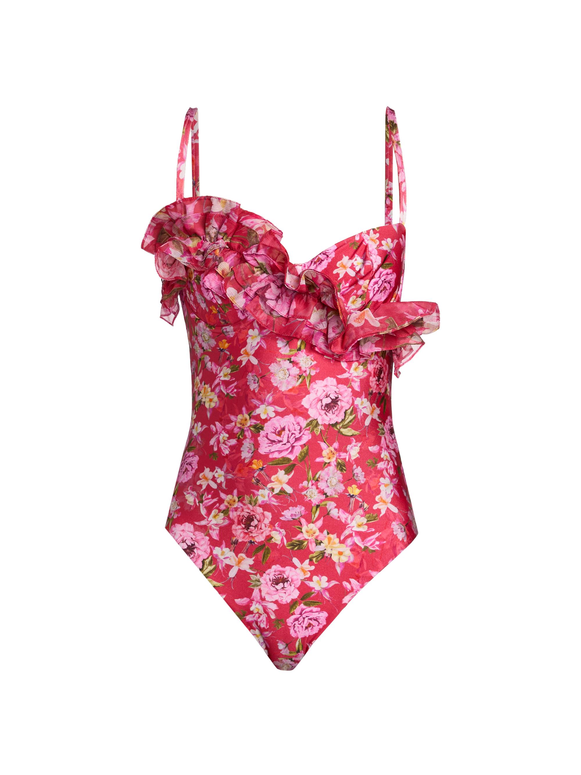 PatBO Women's Peony Print Ruffled Swimsuit - Red