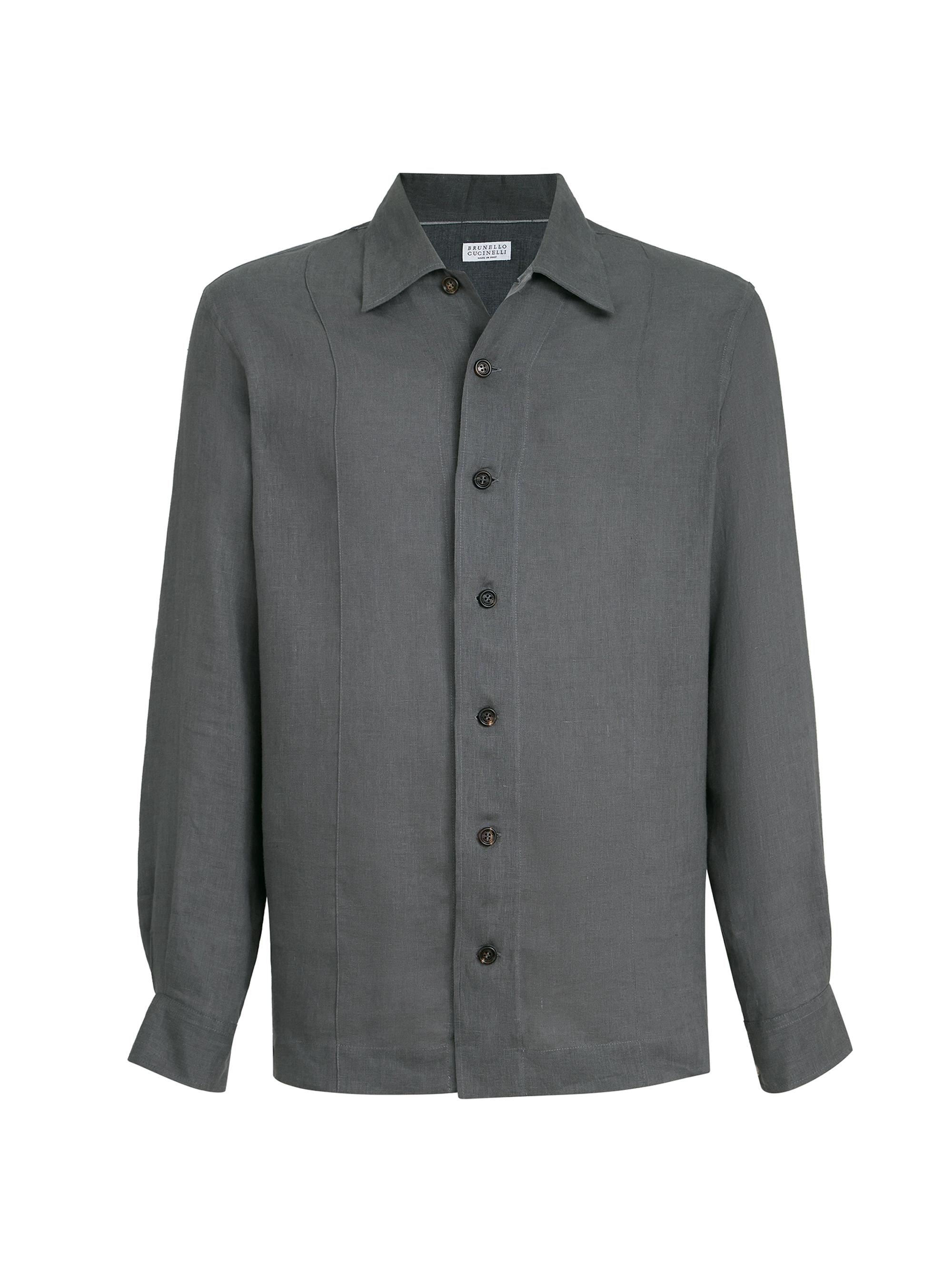 Brunello Cucinelli Men's Linen Easy Fit Shirt with Crête Details - Anthracite