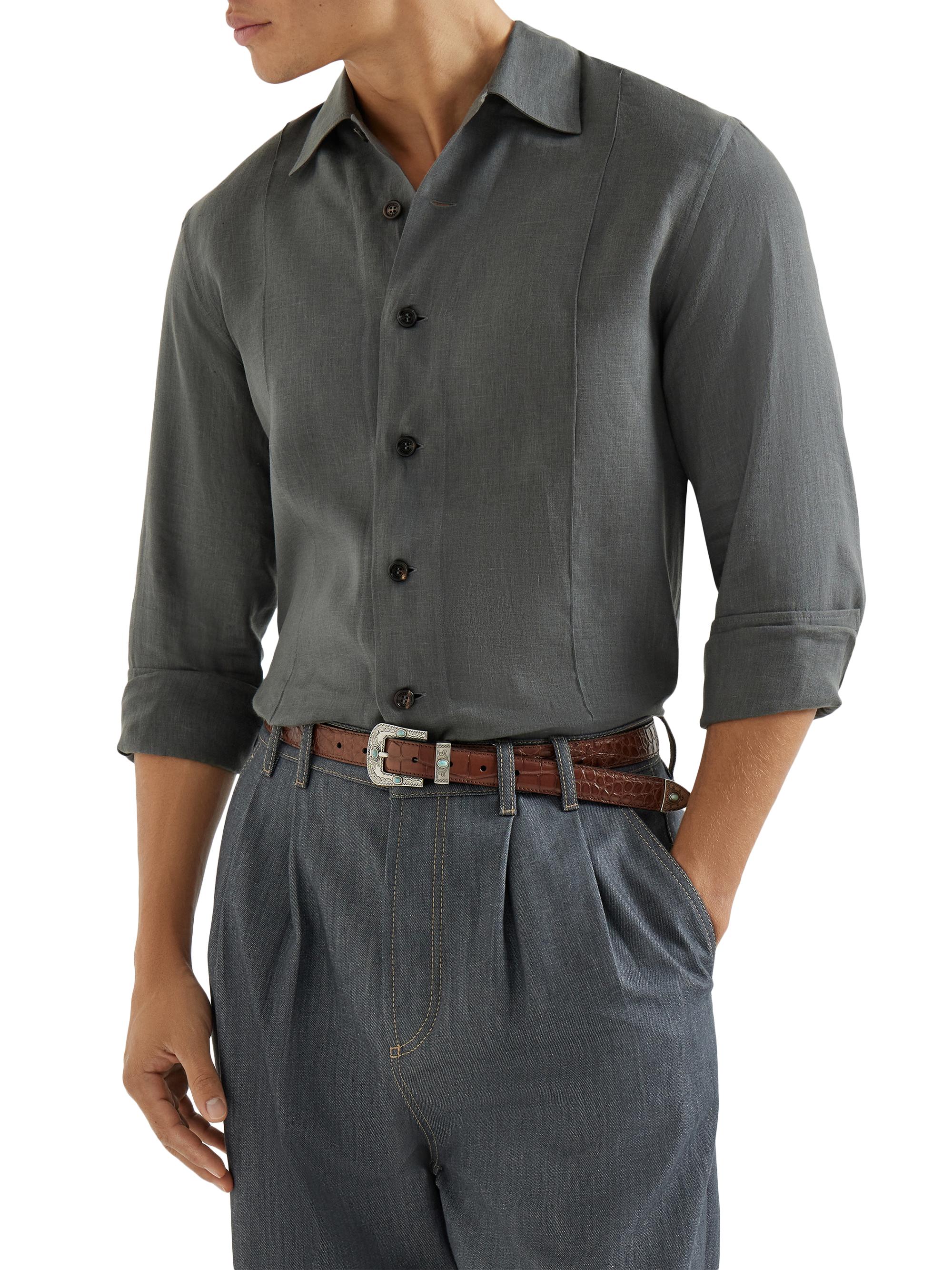 Brunello cucinelli トップス　ダークグレー Brunello Cucinelli Linen Easy Fit Shirt with Crête Details | Saks