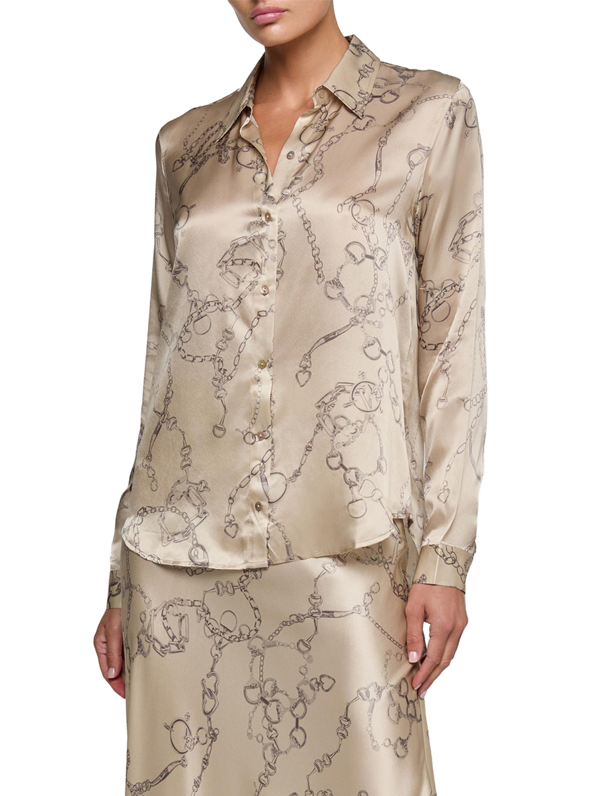 L'AGENCE Women's Tyler Heart Chain Print Silk Blouse - Soft Macadamia Heart Chain
