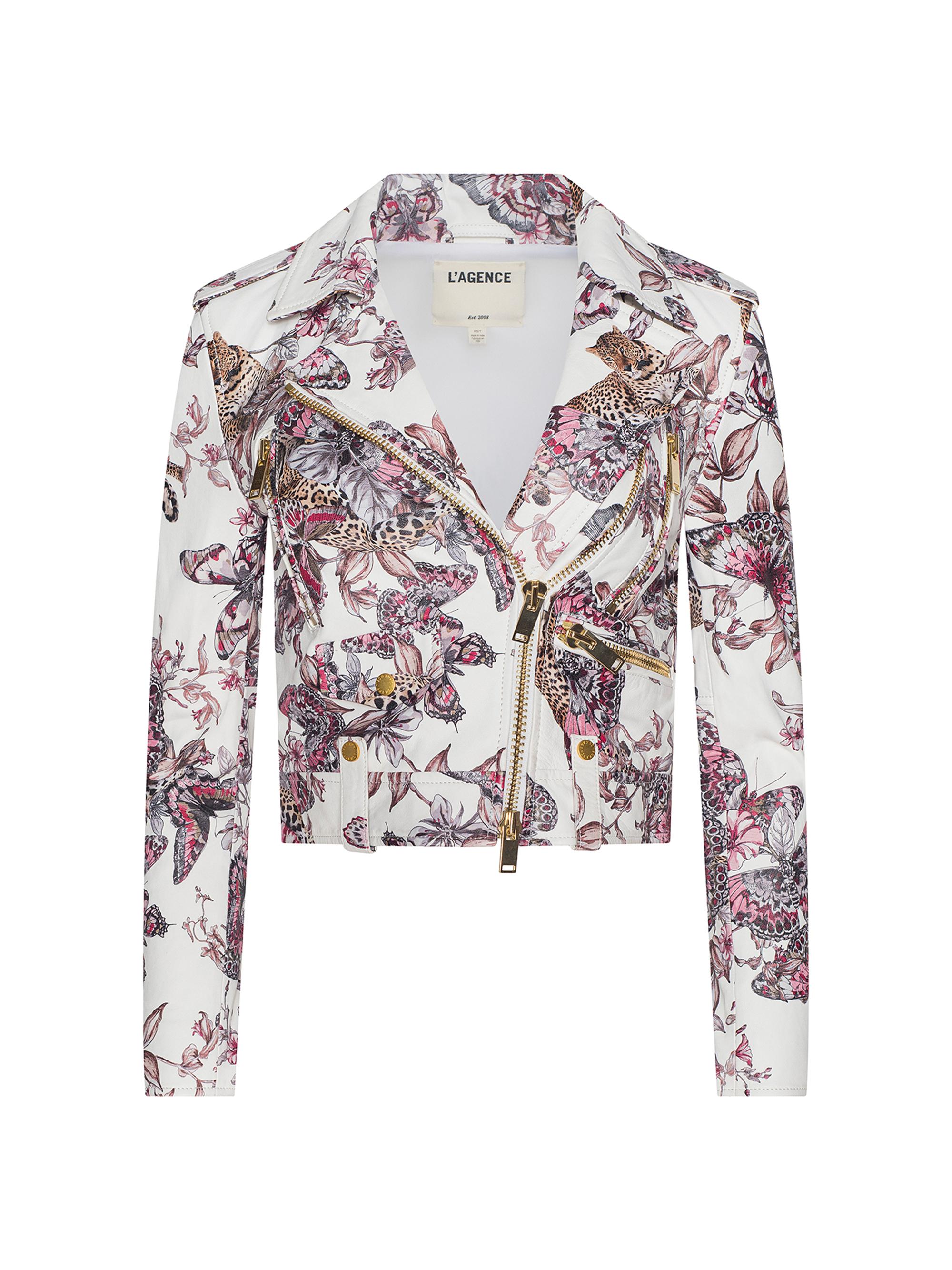 L'AGENCE Women's Blakely Printed Leather Biker Jacket - White Multi Butterfly Jungle