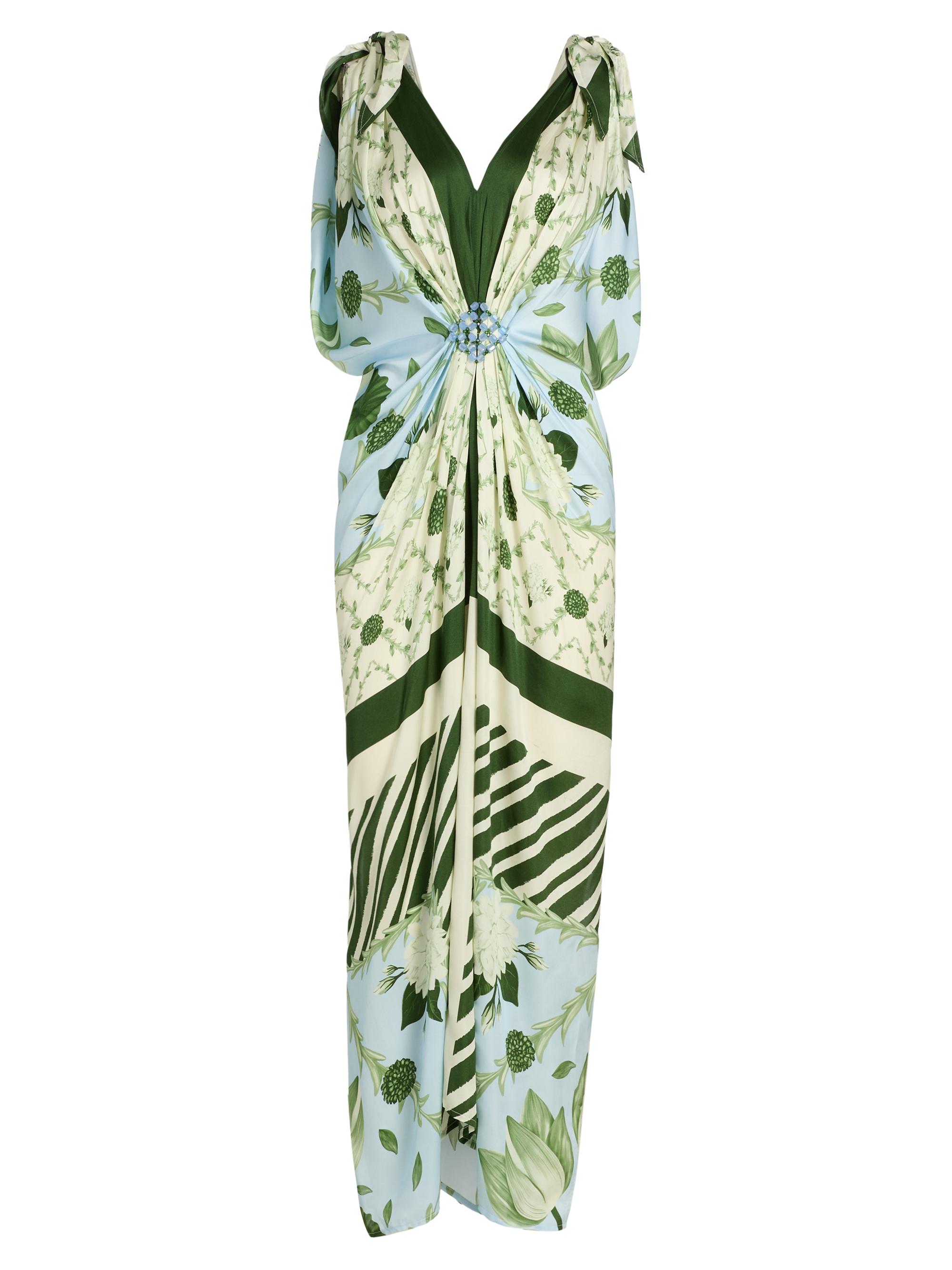 Verandah Women's Ammama Hand Knotted Drape Gown - Ice Blue And Emerald Lotus
