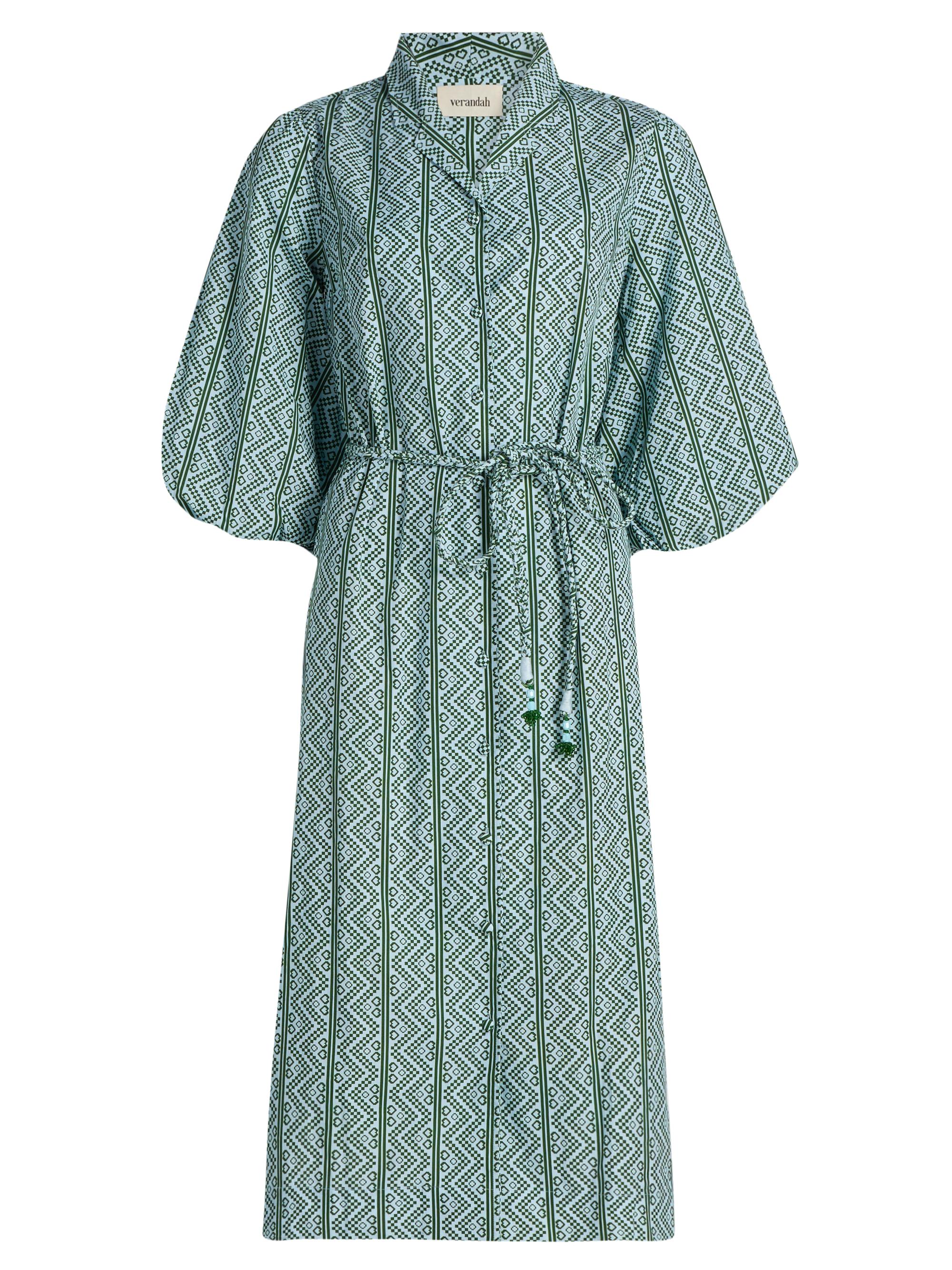 Verandah Women's Toda Tie-Waist Printed Cotton Poplin A-Line Shirtdress - Ice Blue And Emerald Toda