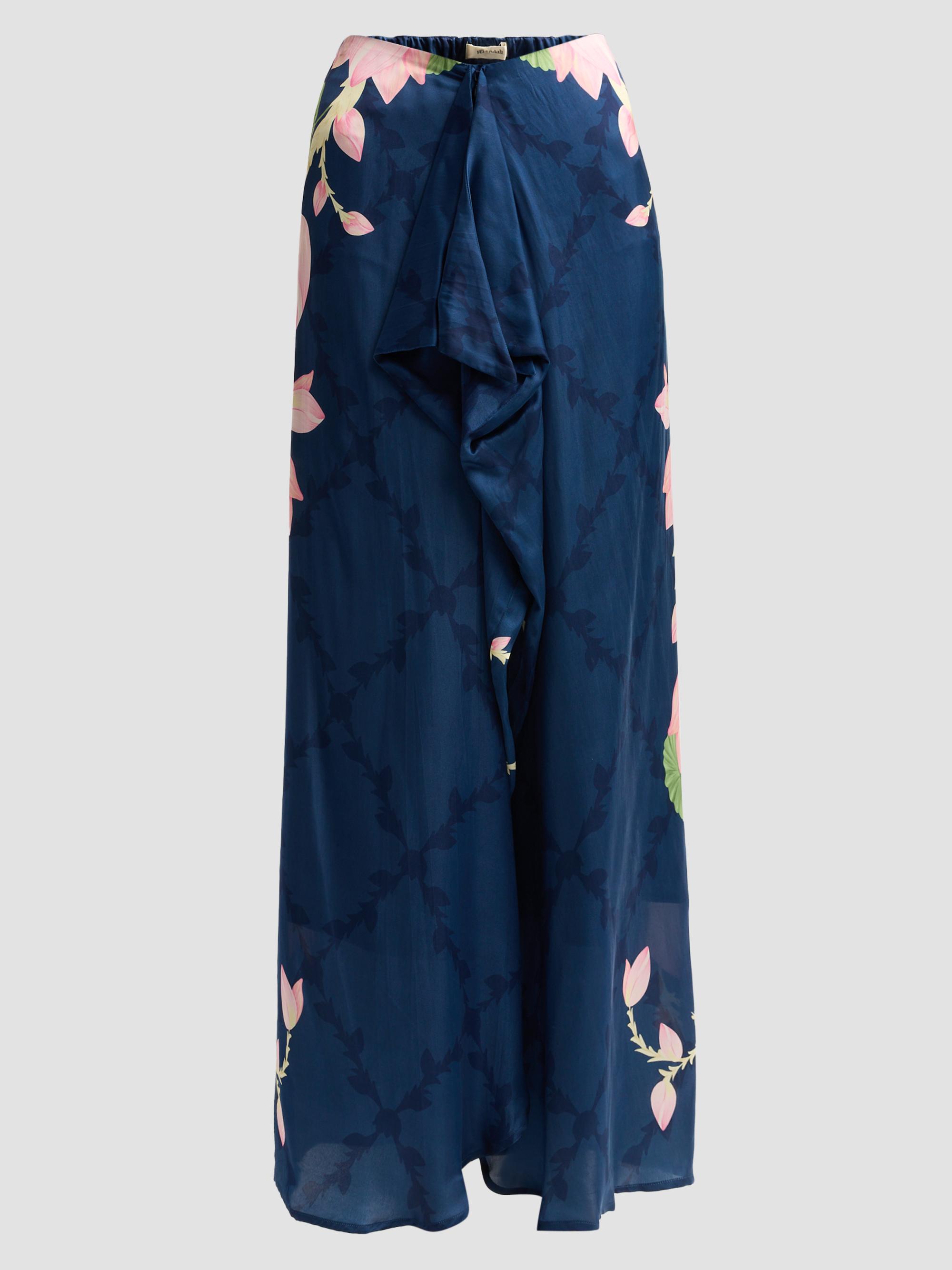 Verandah Women's Ammama Hand-Draped Lotus Skirt - Navy Lotus And Linear Panel