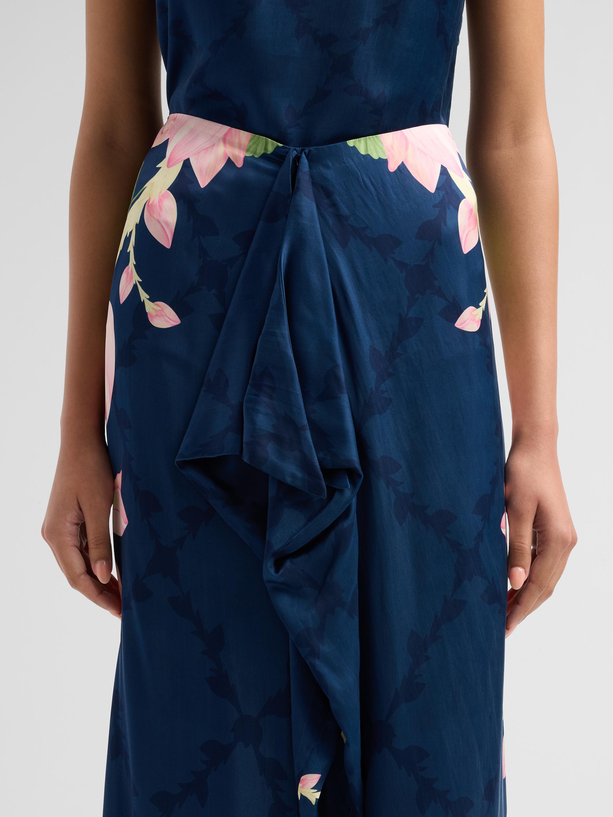 Verandah Women's Ammama Hand-Draped Lotus Skirt - Navy Lotus And Linear Panel | Thumbnail 5