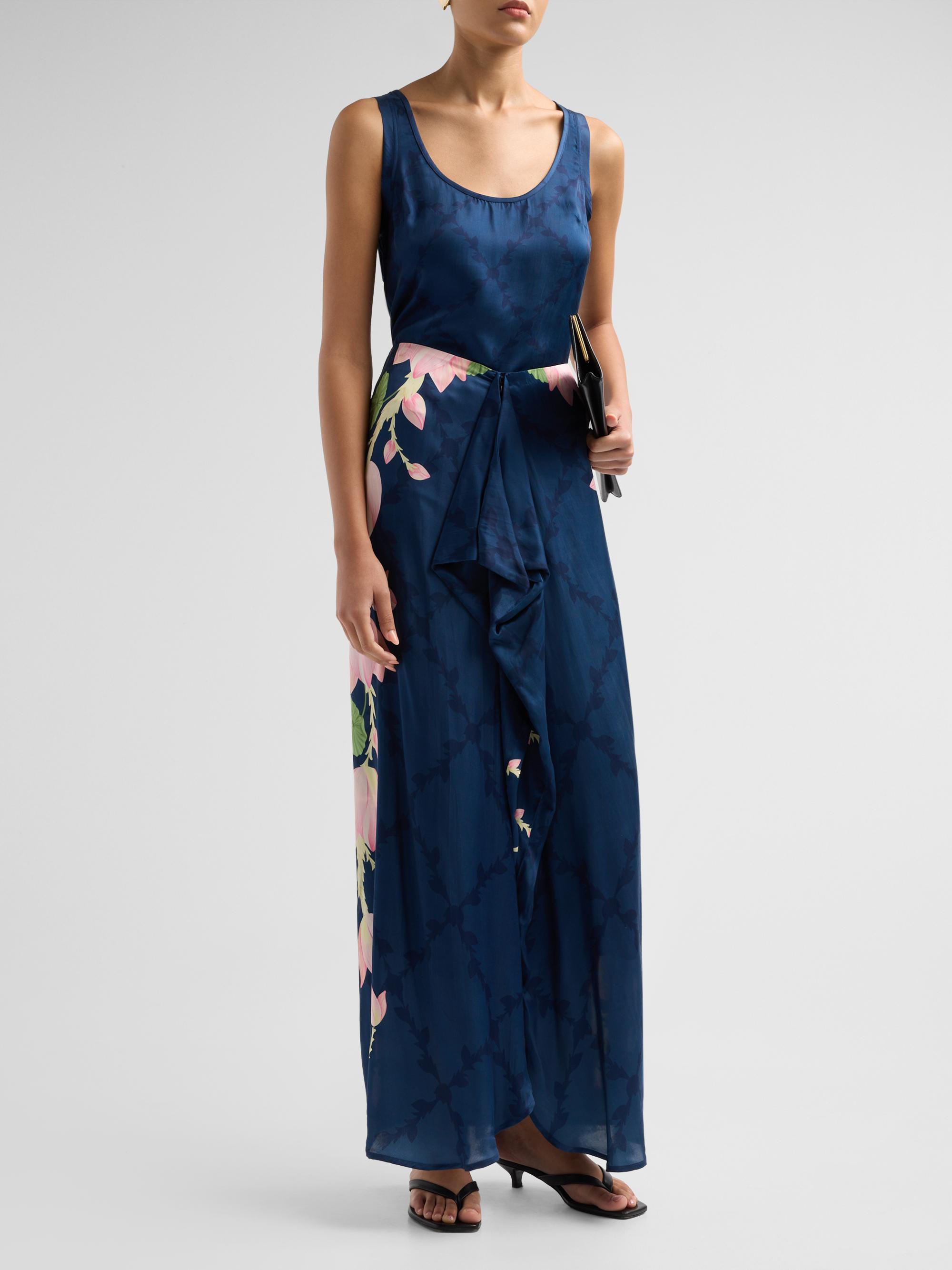 Verandah Women's Ammama Hand-Draped Lotus Skirt - Navy Lotus And Linear Panel | Thumbnail 2