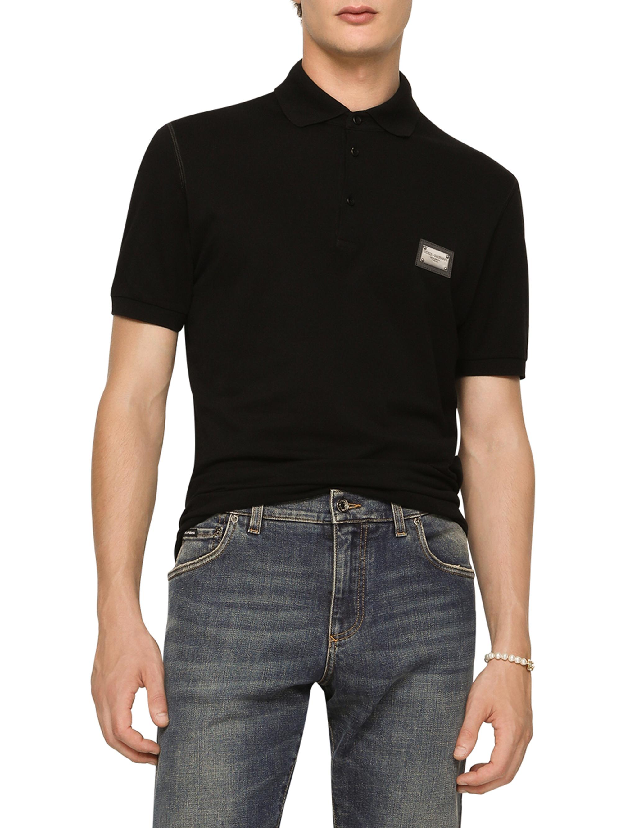 Dolce & Gabbana Men's Logo Plaque Cotton Polo Shirt - Black