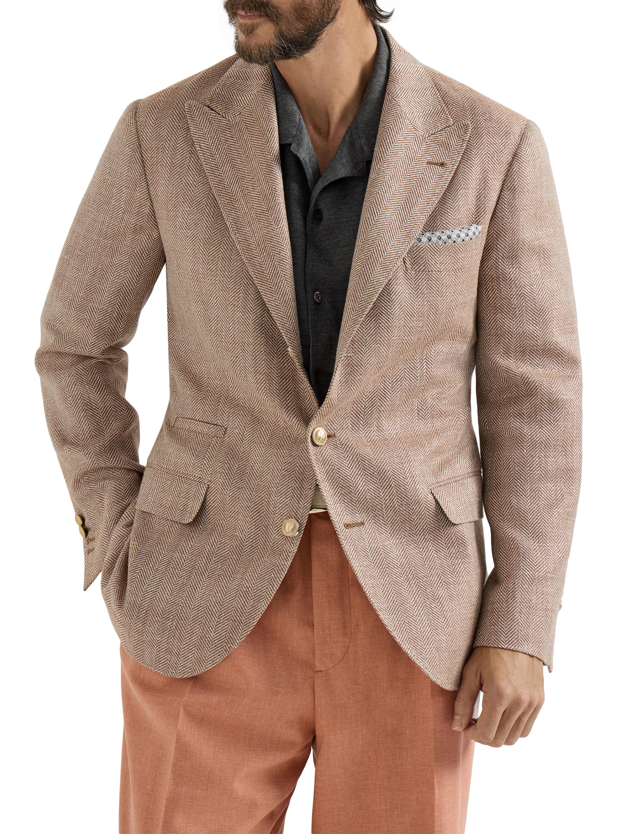Brunello Cucinelli Men's Virgin Wool, Silk and Linen Chevron Deconstructed Blazer - Apricot