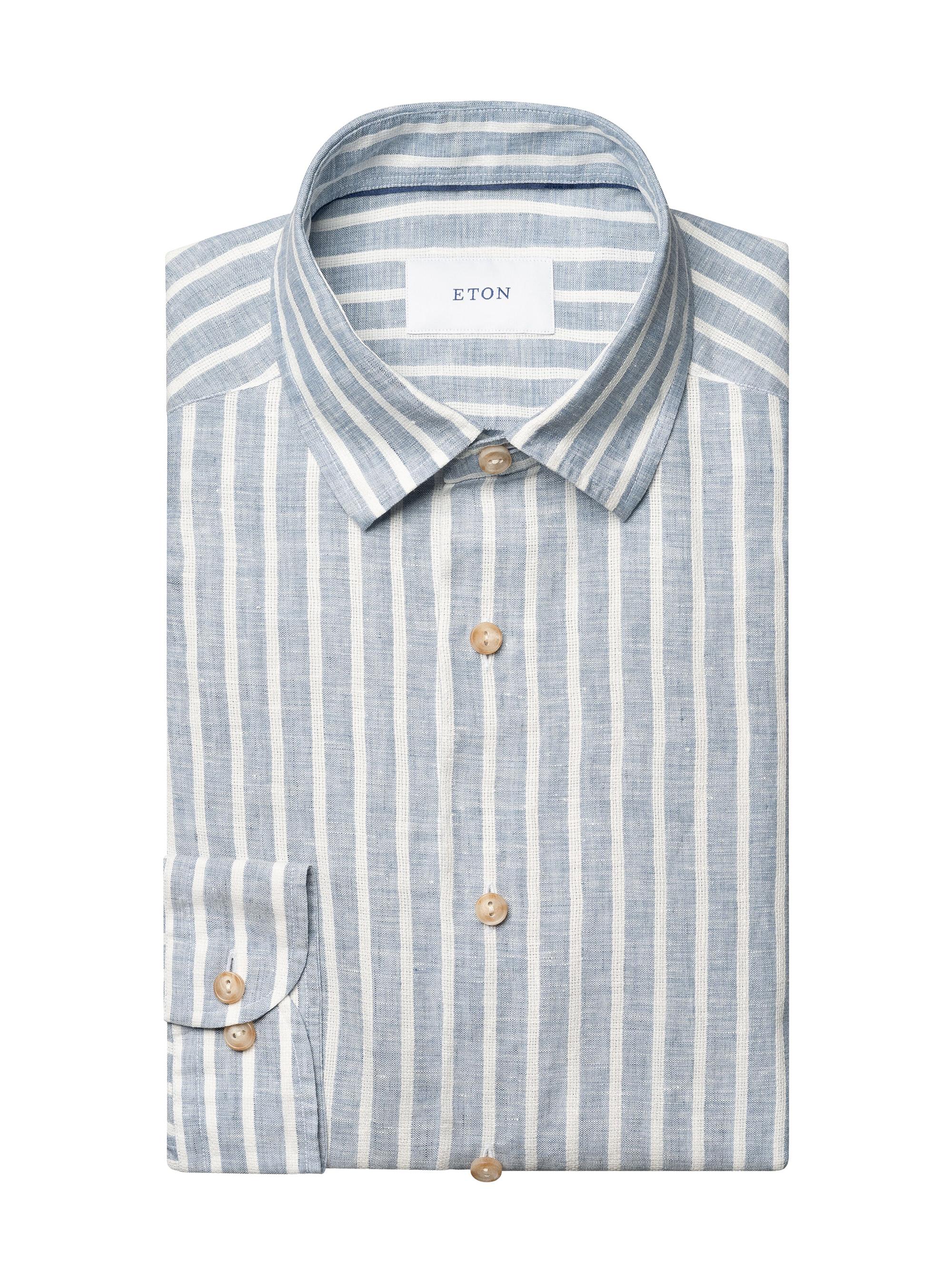 Eton Men's Structure Striped Linen Button-Front Shirt - Mid Blue
