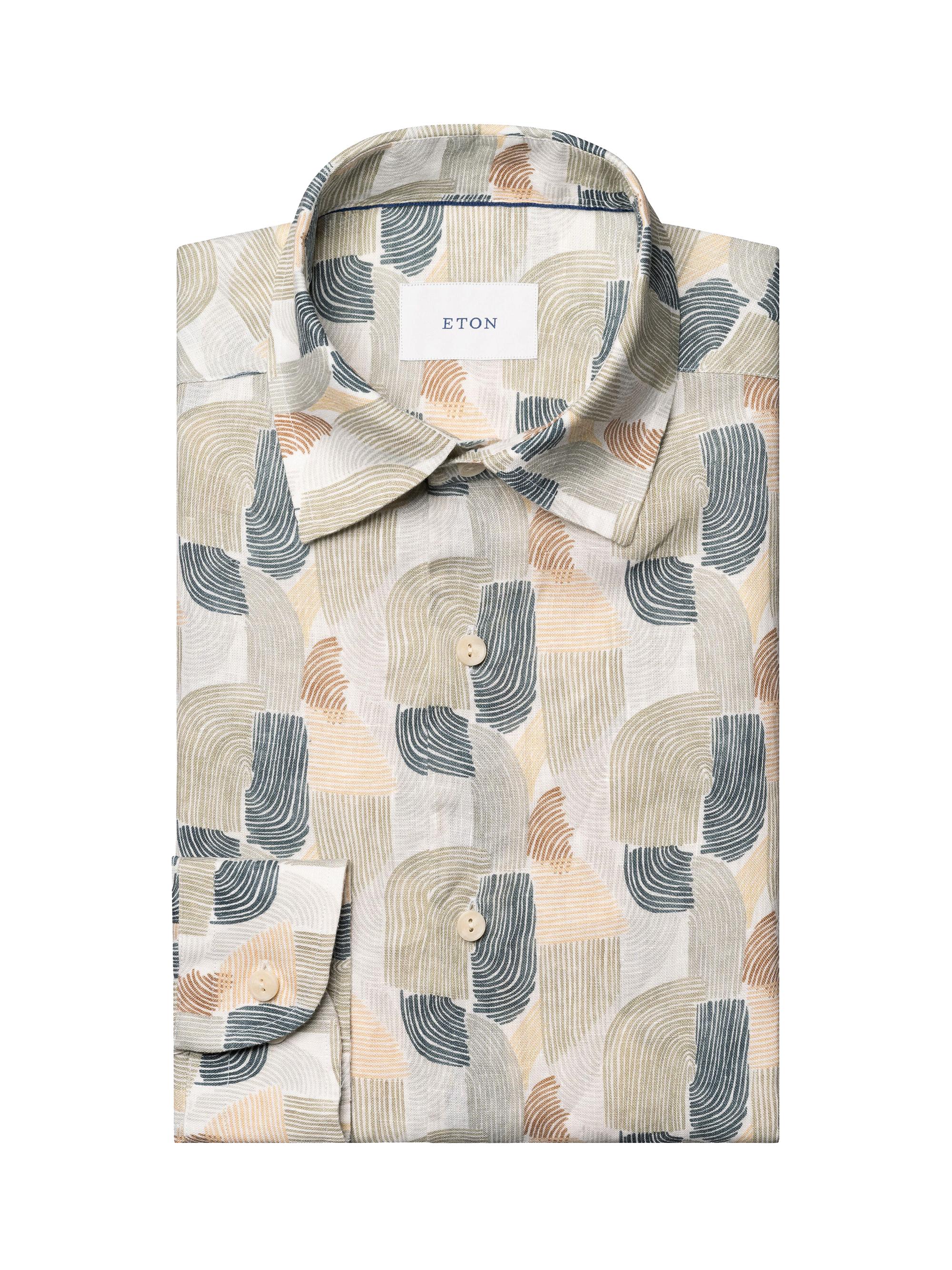 Eton Men's Geometric Print Linen Shirt - Mid Green