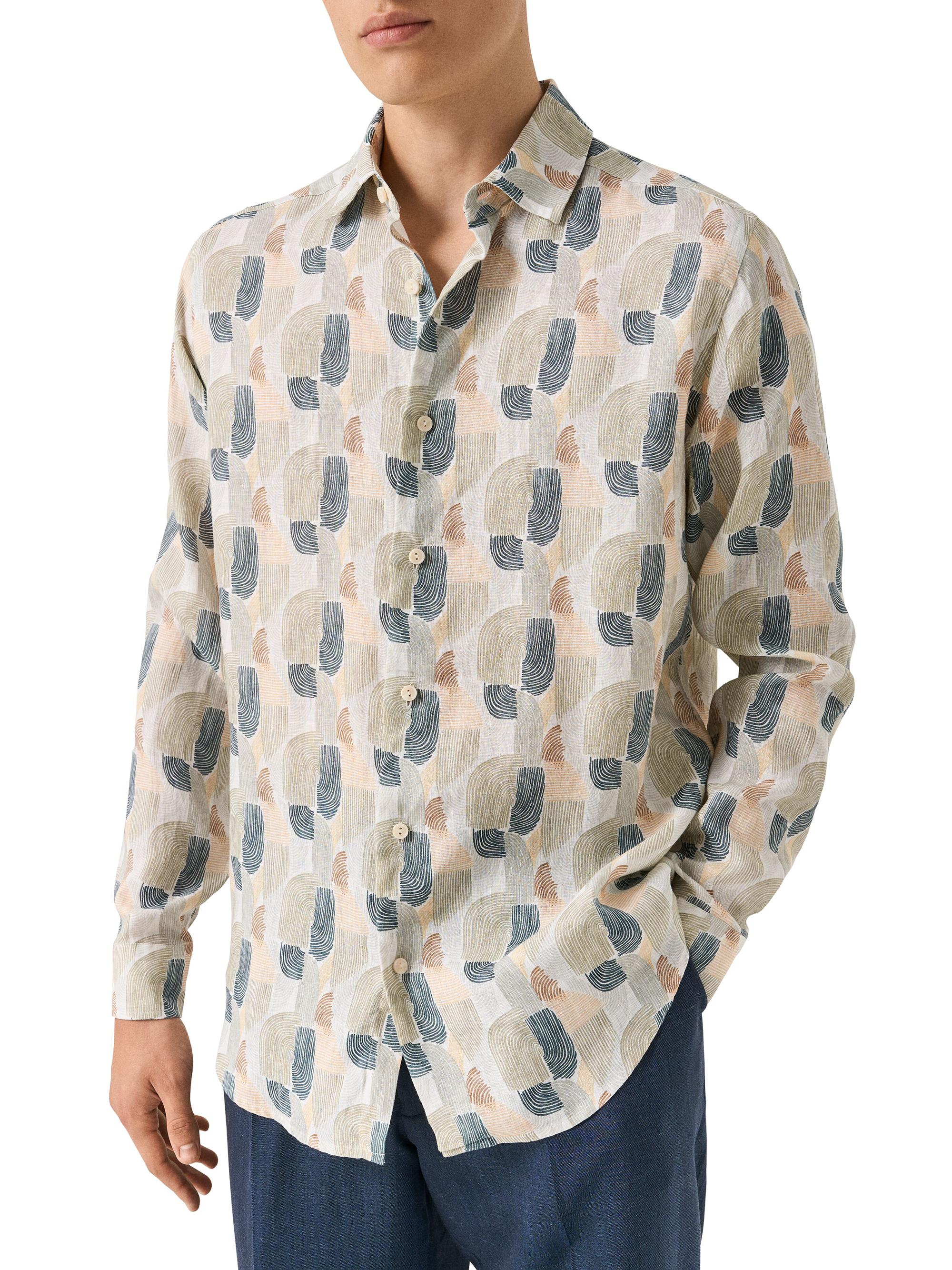 Eton Men's Geometric Print Linen Shirt - Mid Green | Thumbnail 3