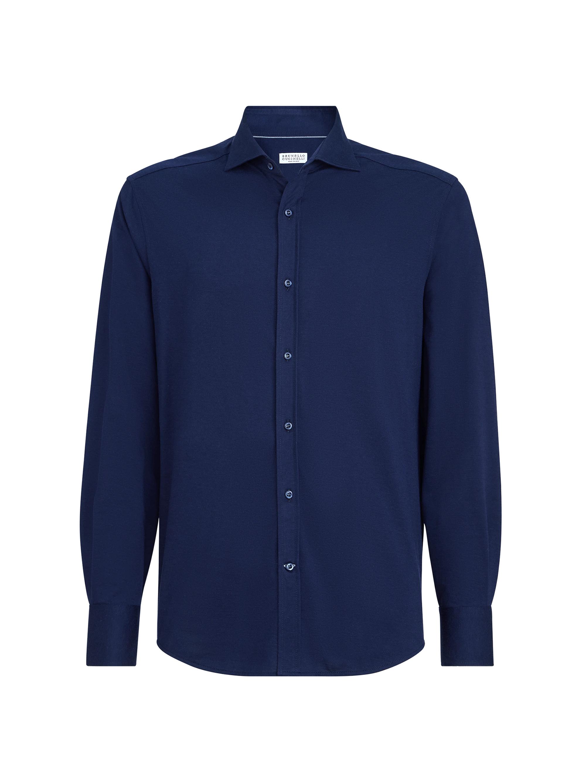 Brunello Cucinelli Men's Cotton Piqué Shirt with Spread Collar - Navy Blue
