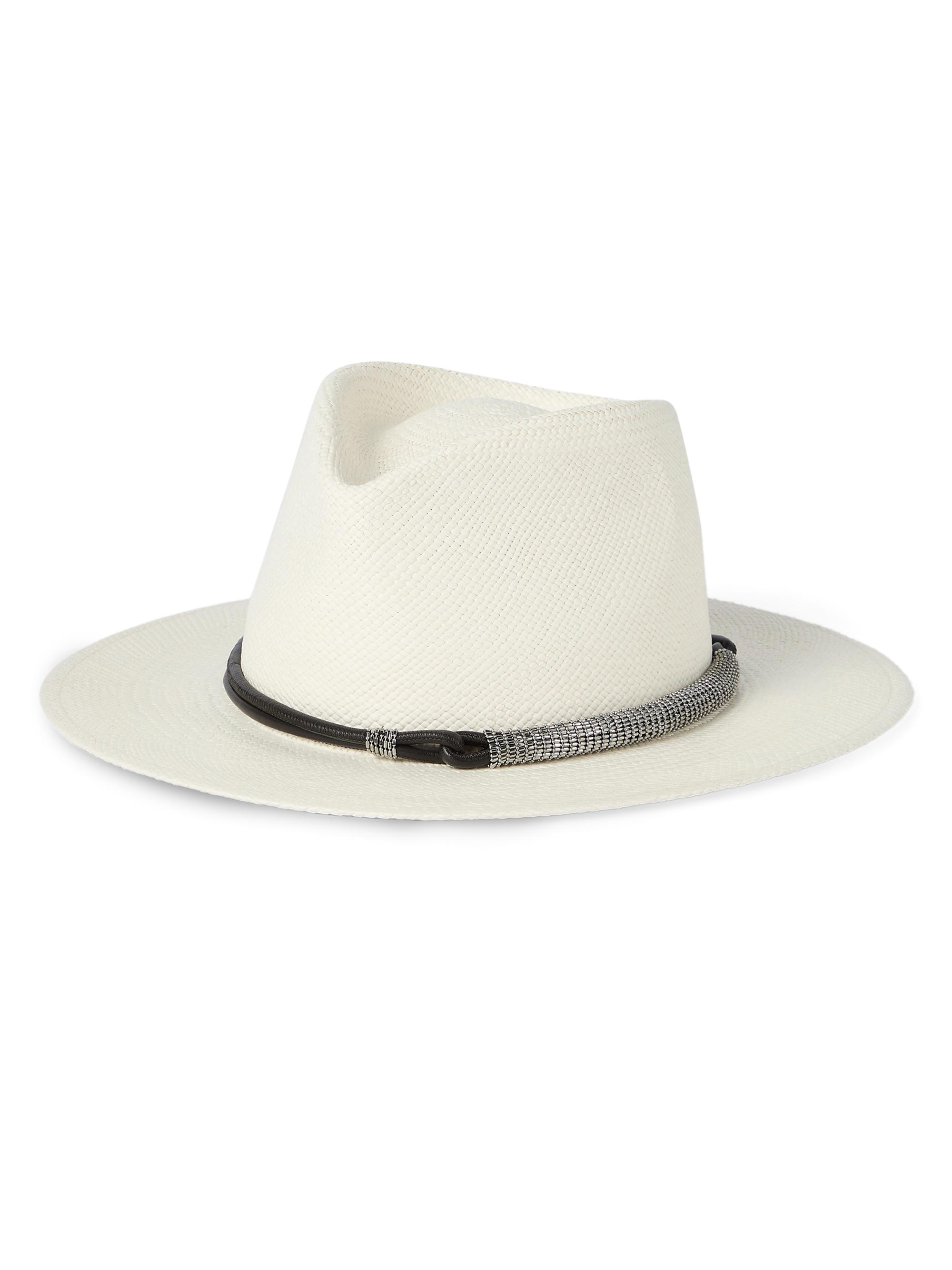 Brunello Cucinelli Women's Straw Fedora with Precious Leather Band - White