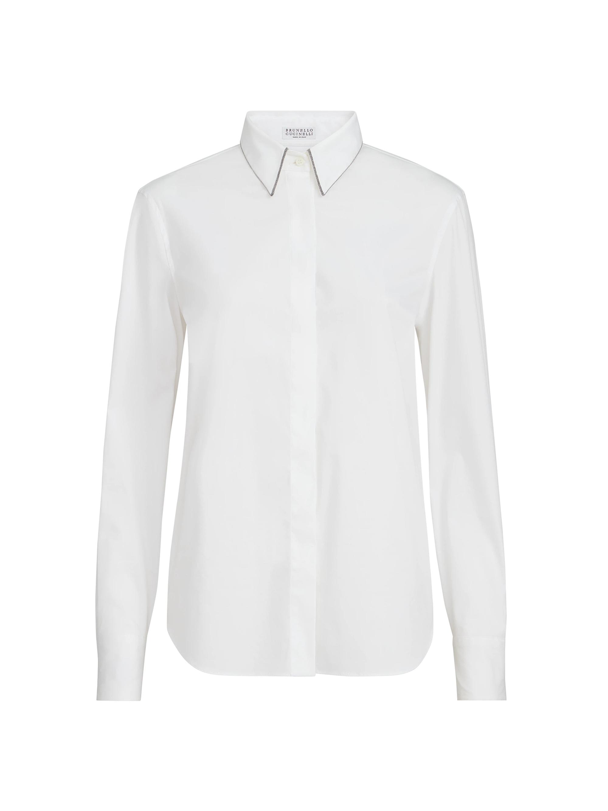 Brunello Cucinelli Women's Stretch Cotton Poplin Shirt with Shiny Collar - White