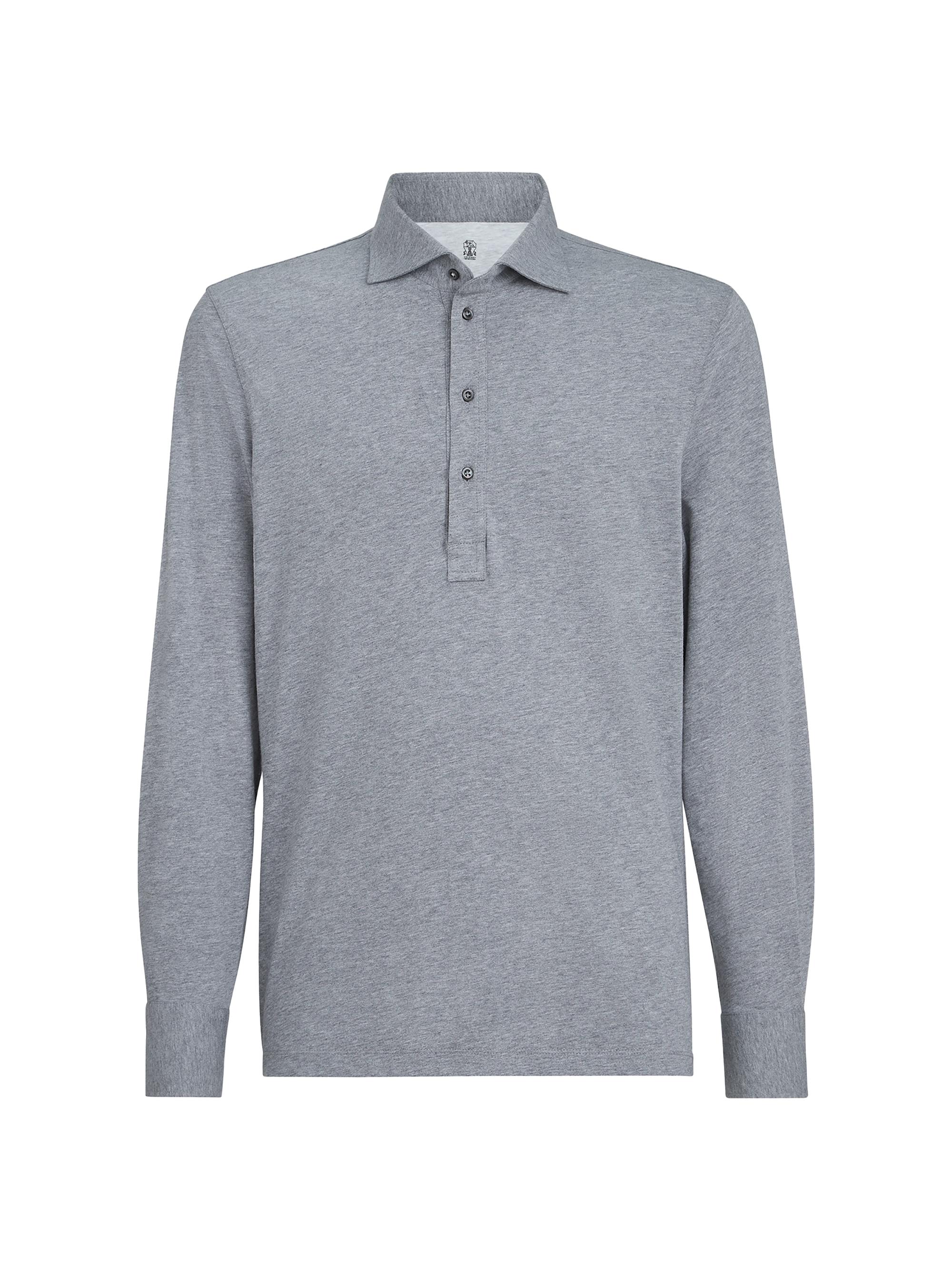 Brunello Cucinelli Men's Long-Sleeve Cotton Jersey Polo Shirt - Medium Grey