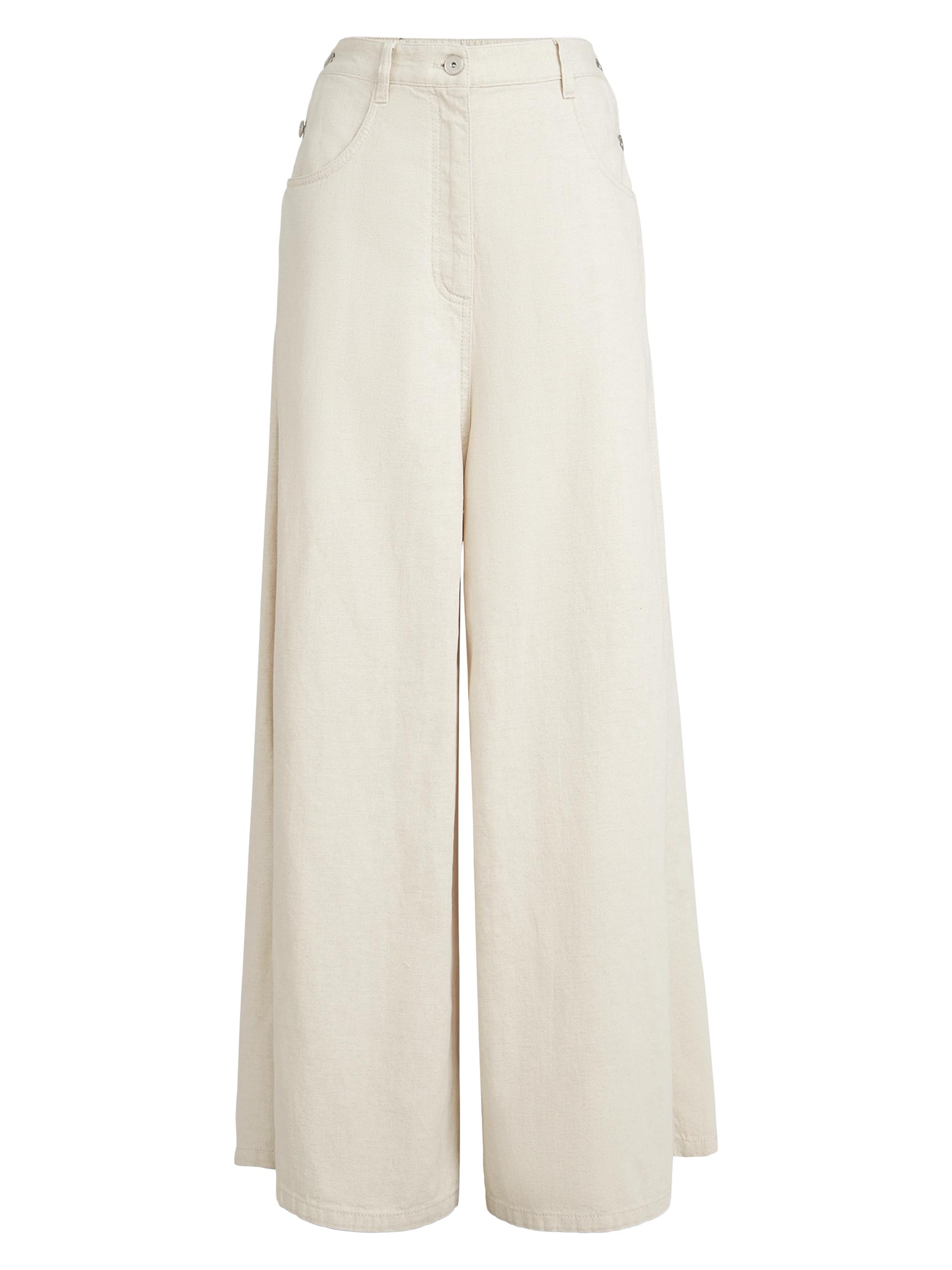 Brunello Cucinelli Women's Washed Cotton and Linen Denim Wide Sailor Trousers with Monili - Ecru