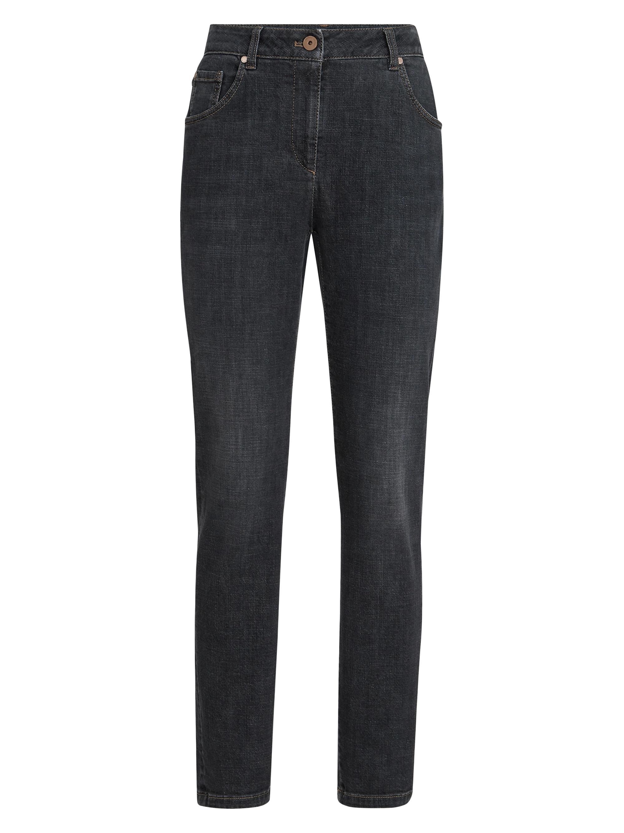 Brunello Cucinelli Women's Stretch Denim Slim Five Pocket Trousers with Shiny Leather Tab - Dark Grey