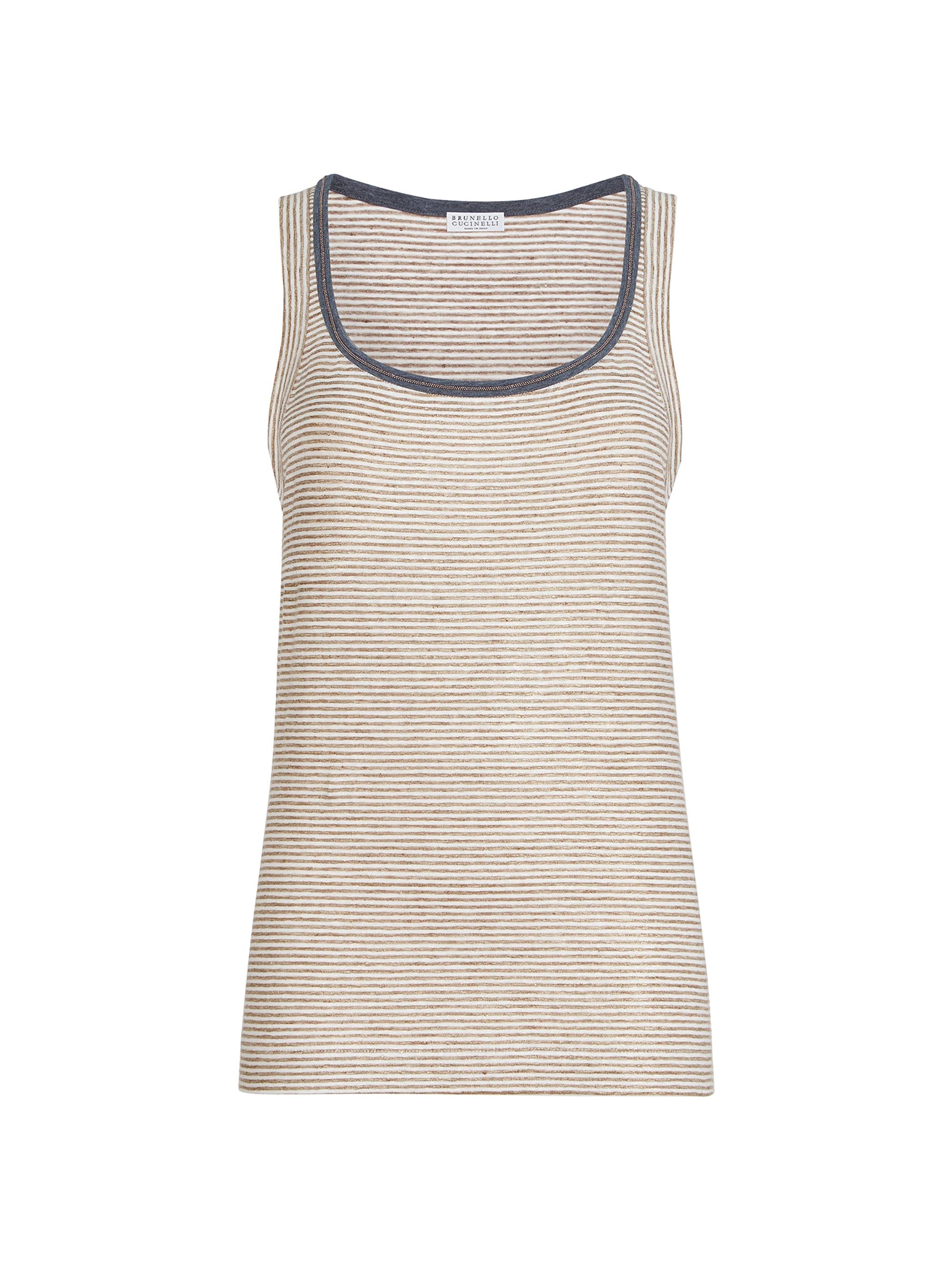 Brunello Cucinelli Women's Striped Linen Lamé Jersey Top with Shiny Trim - Light Brown