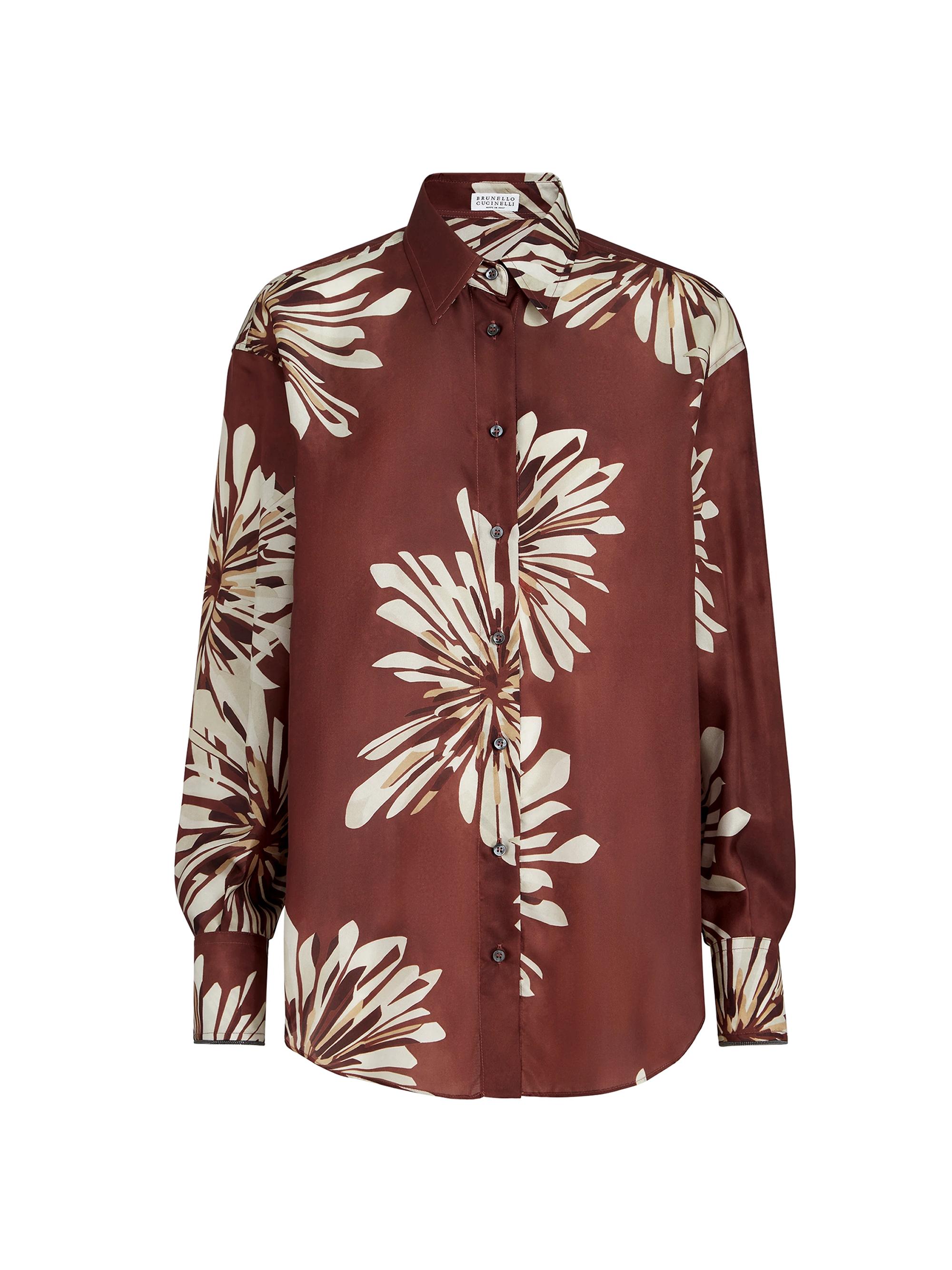 Brunello Cucinelli Women's Silk Bloom Print Pongee Shirt with Monili - Bordeaux