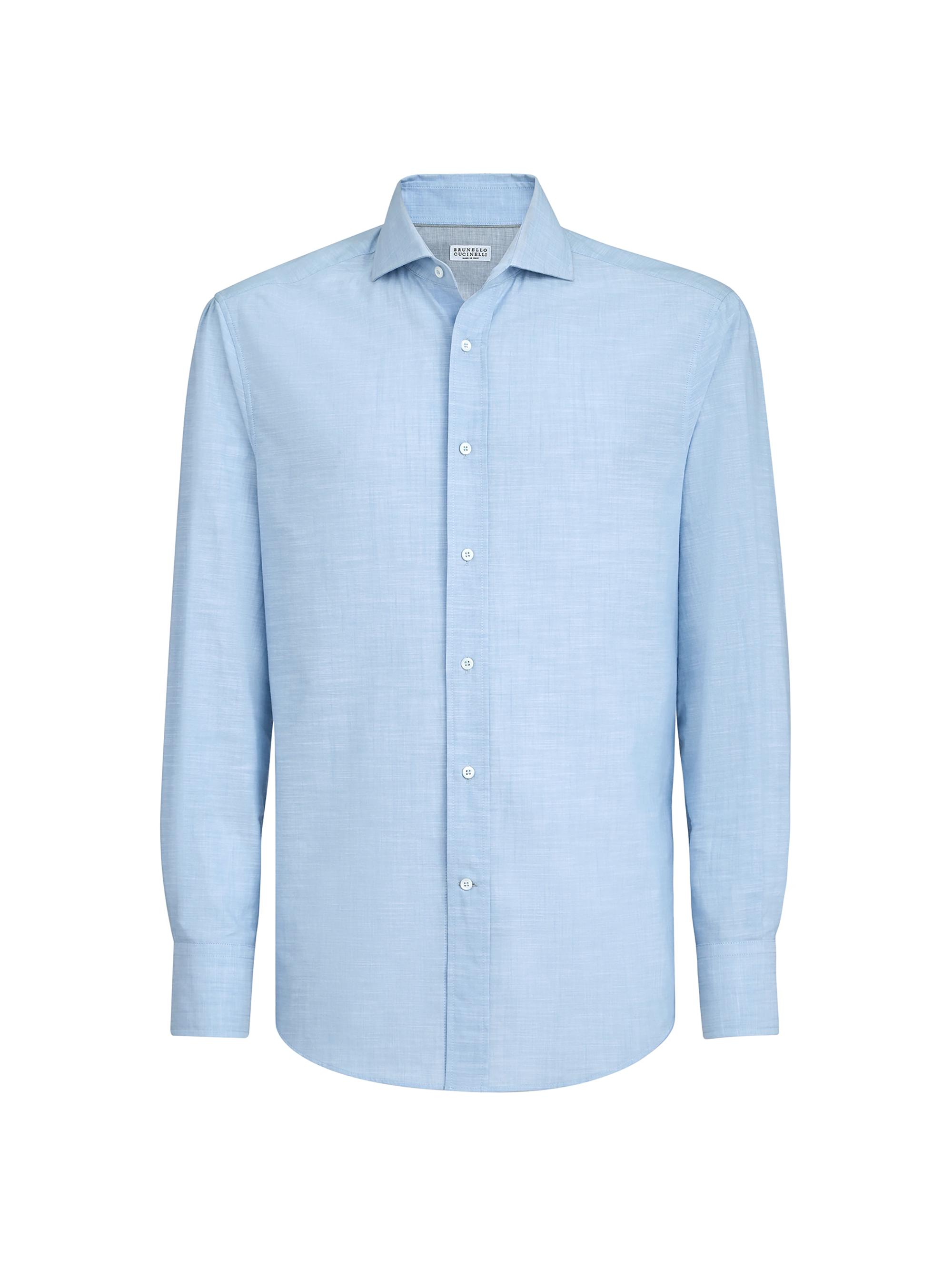 Brunello Cucinelli Men's Lightweight Oxford Slim Fit Shirt with Spread Collar - Azure