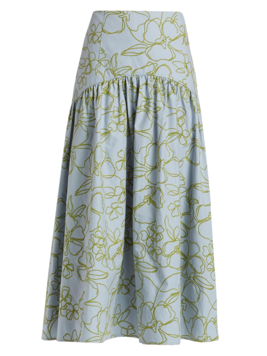 Cinq à Sept Zoanne Linework Floral-Embroidered Cotton Midi-Skirt