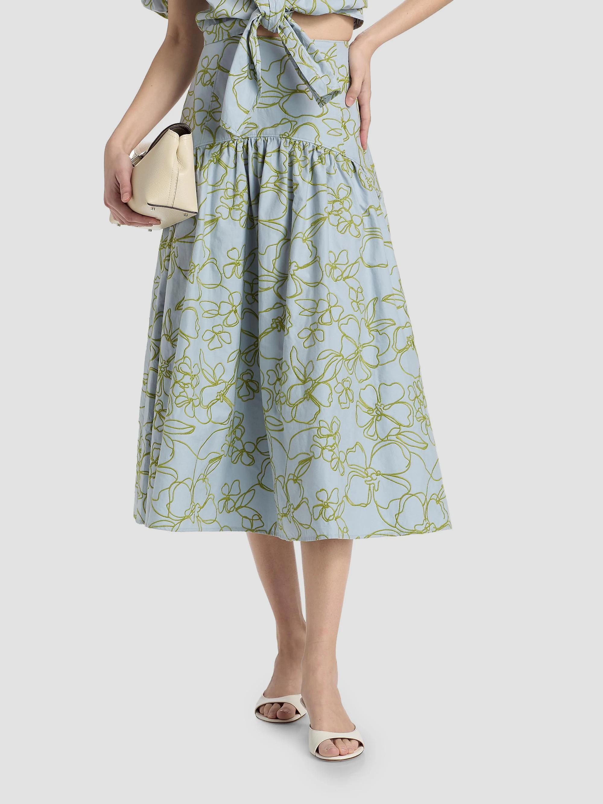 Cinq à Sept Zoanne Linework Floral-Embroidered Cotton Midi-Skirt