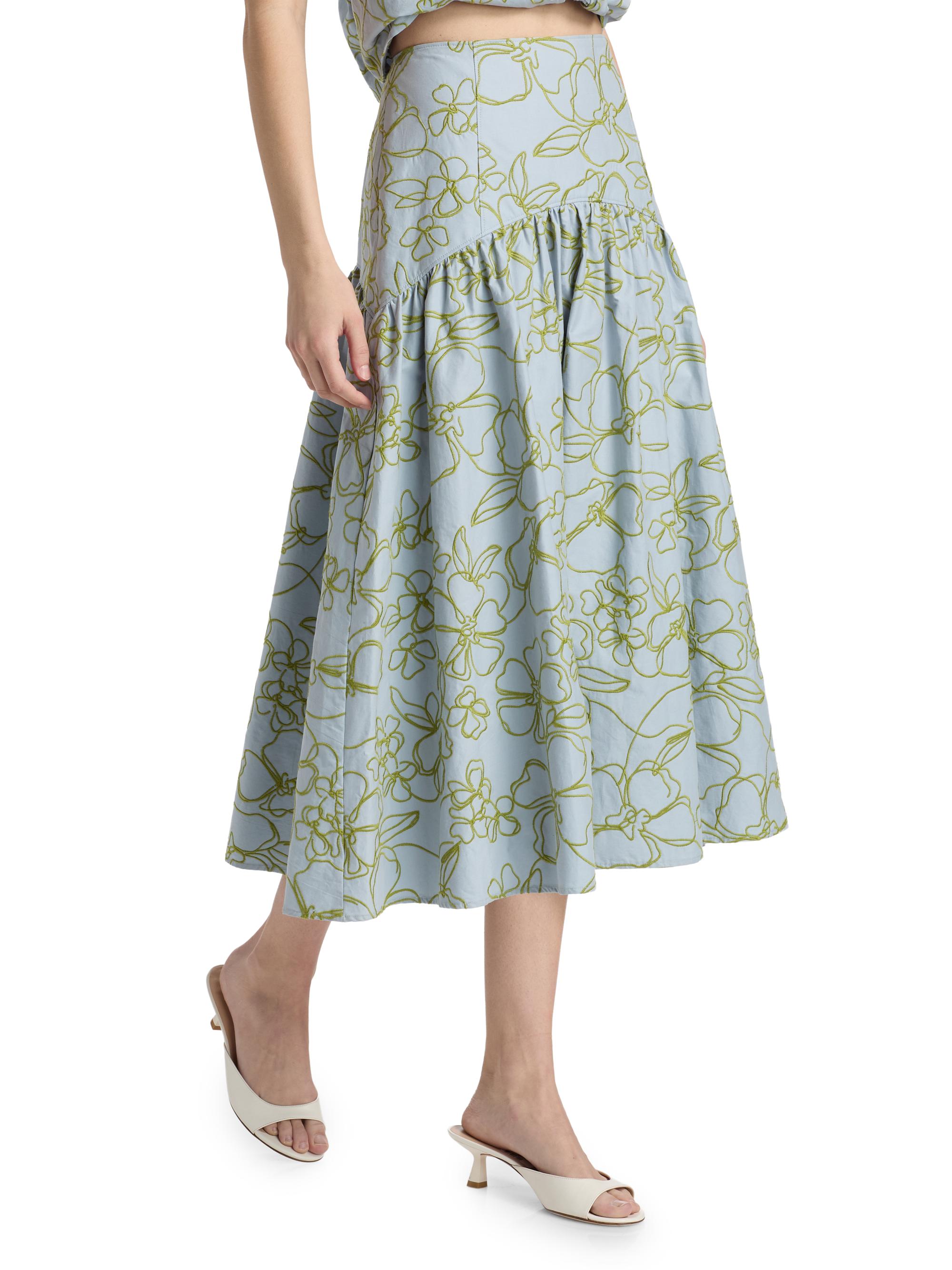 Cinq à Sept Zoanne Linework Floral-Embroidered Cotton Midi-Skirt