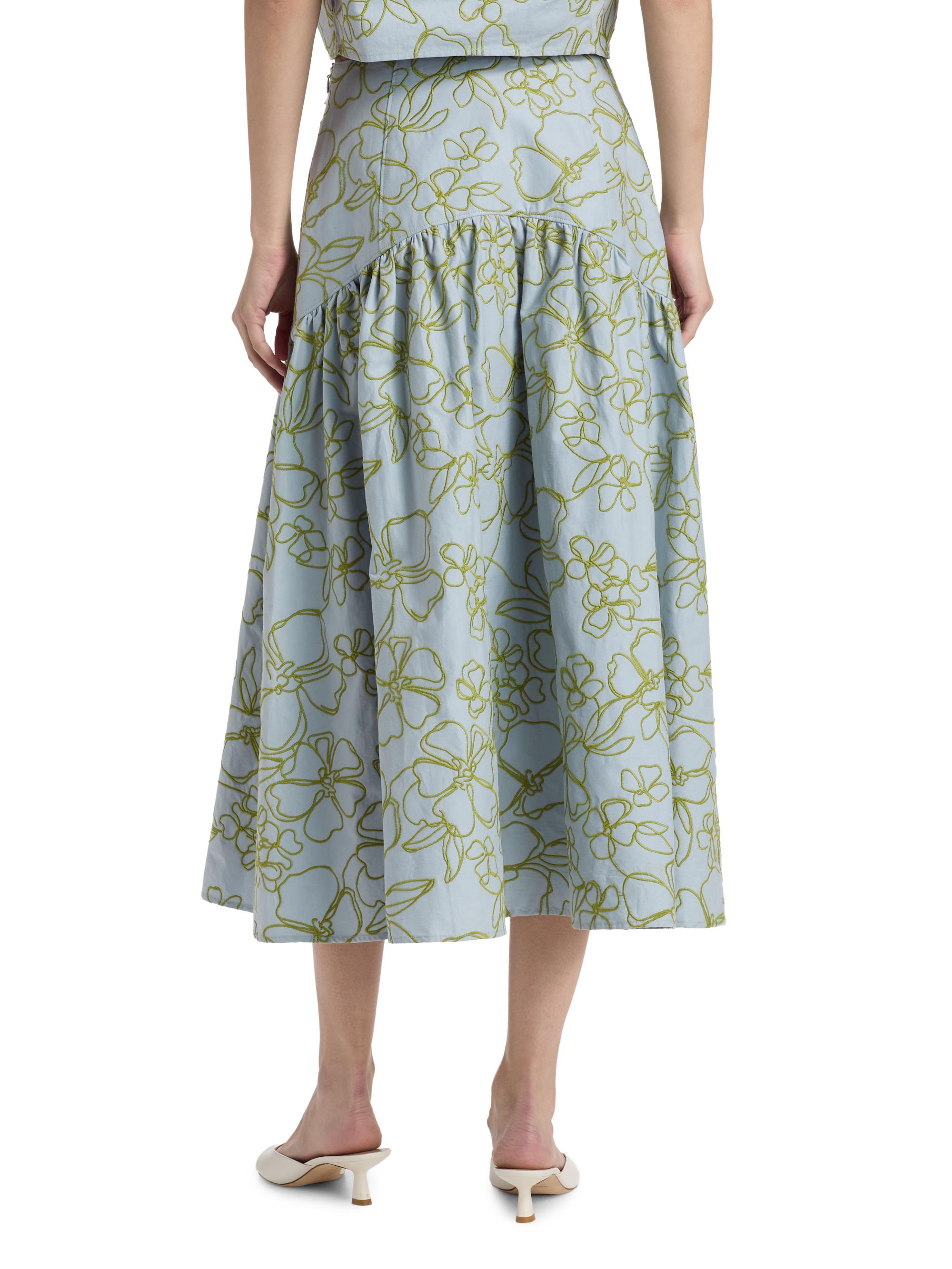 Cinq à Sept Zoanne Linework Floral-Embroidered Cotton Midi-Skirt