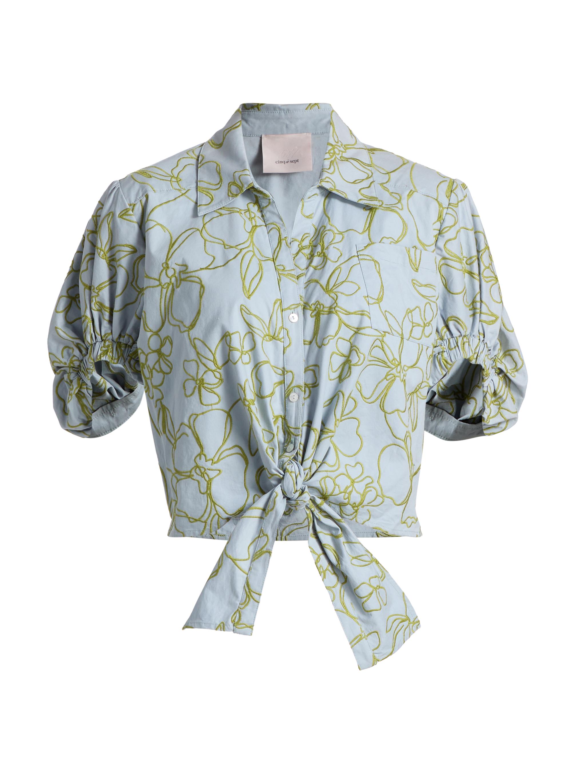 Cinq à Sept Women's Zoanne Linework Floral-Embroidered Cotton Top - Bluebell Pear Green