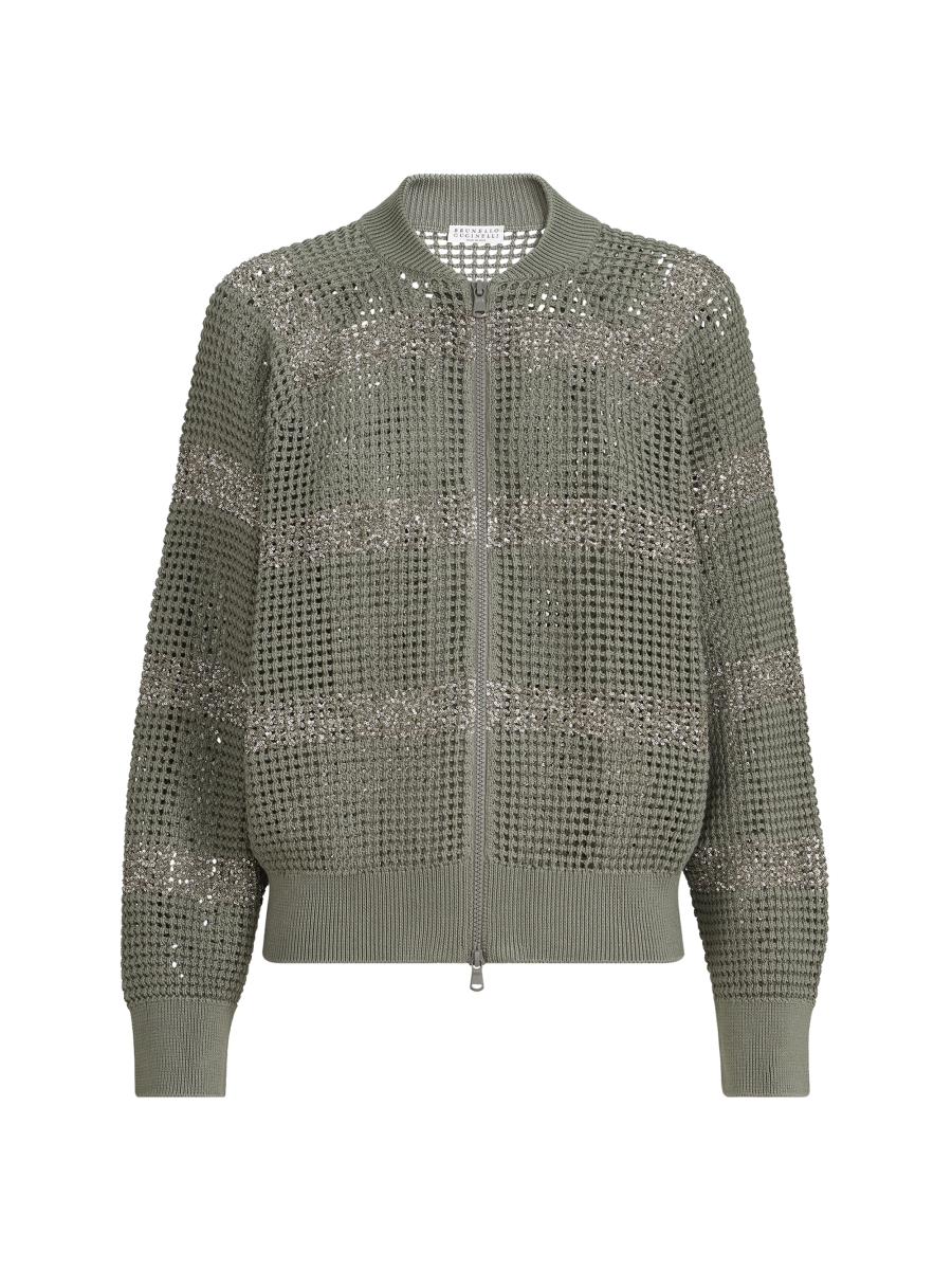 Brunello Cucinelli Cotton Net Cardigan with Dazzling Stripes