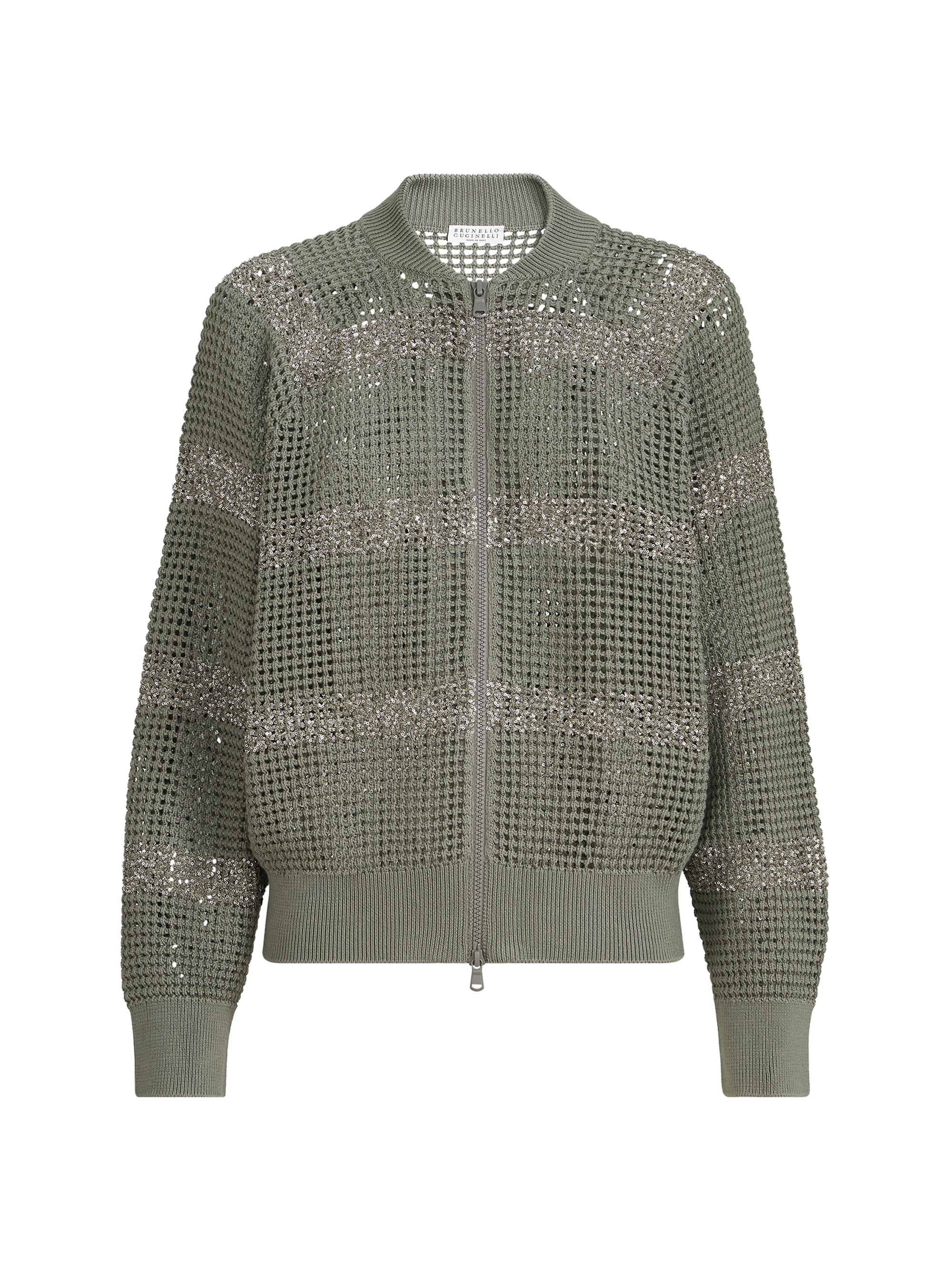 Brunello Cucinelli Women's Cotton Net Cardigan with Dazzling Stripes - Khaki