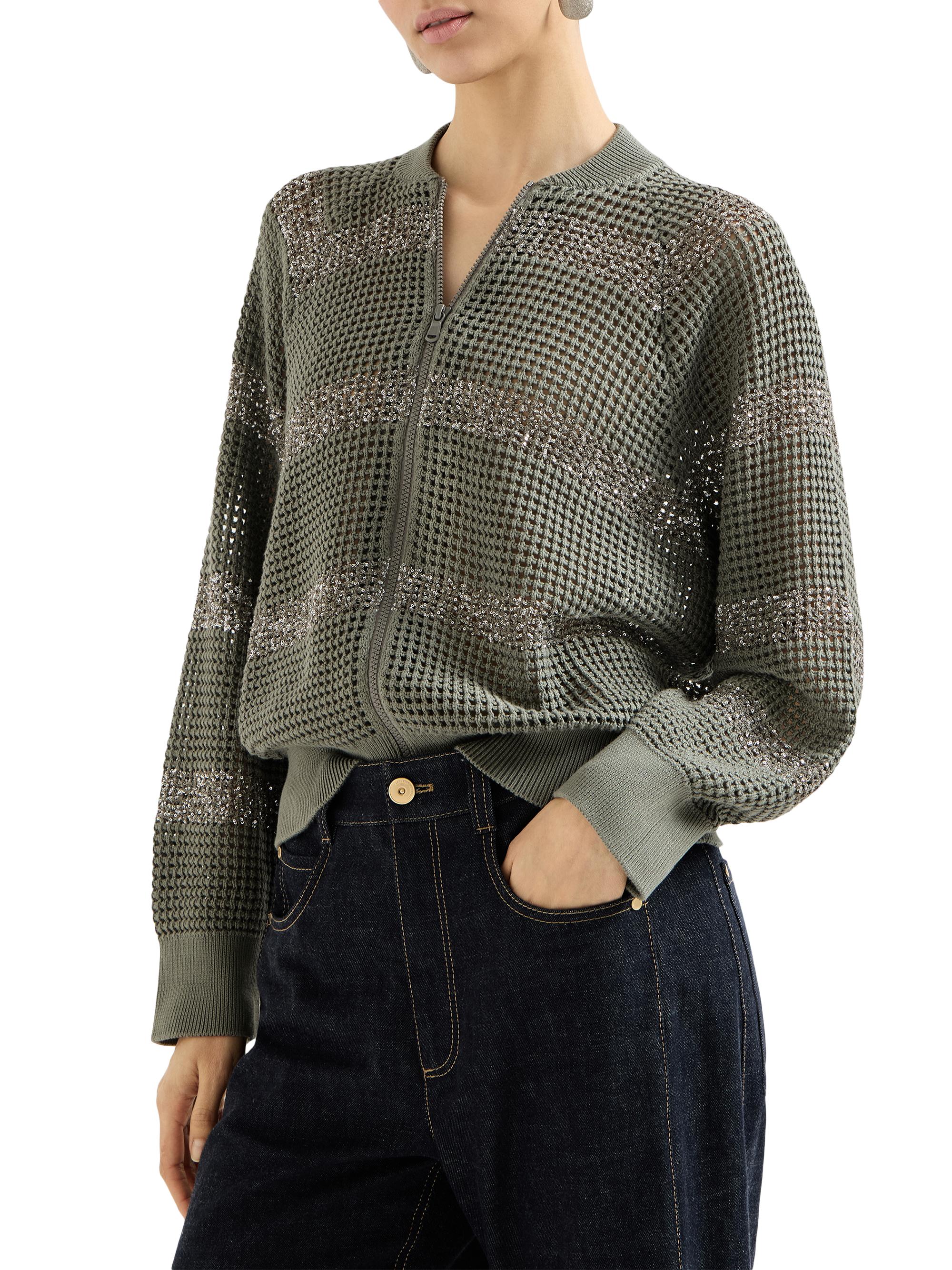 Brunello Cucinelli Cotton Net Cardigan with Dazzling Stripes