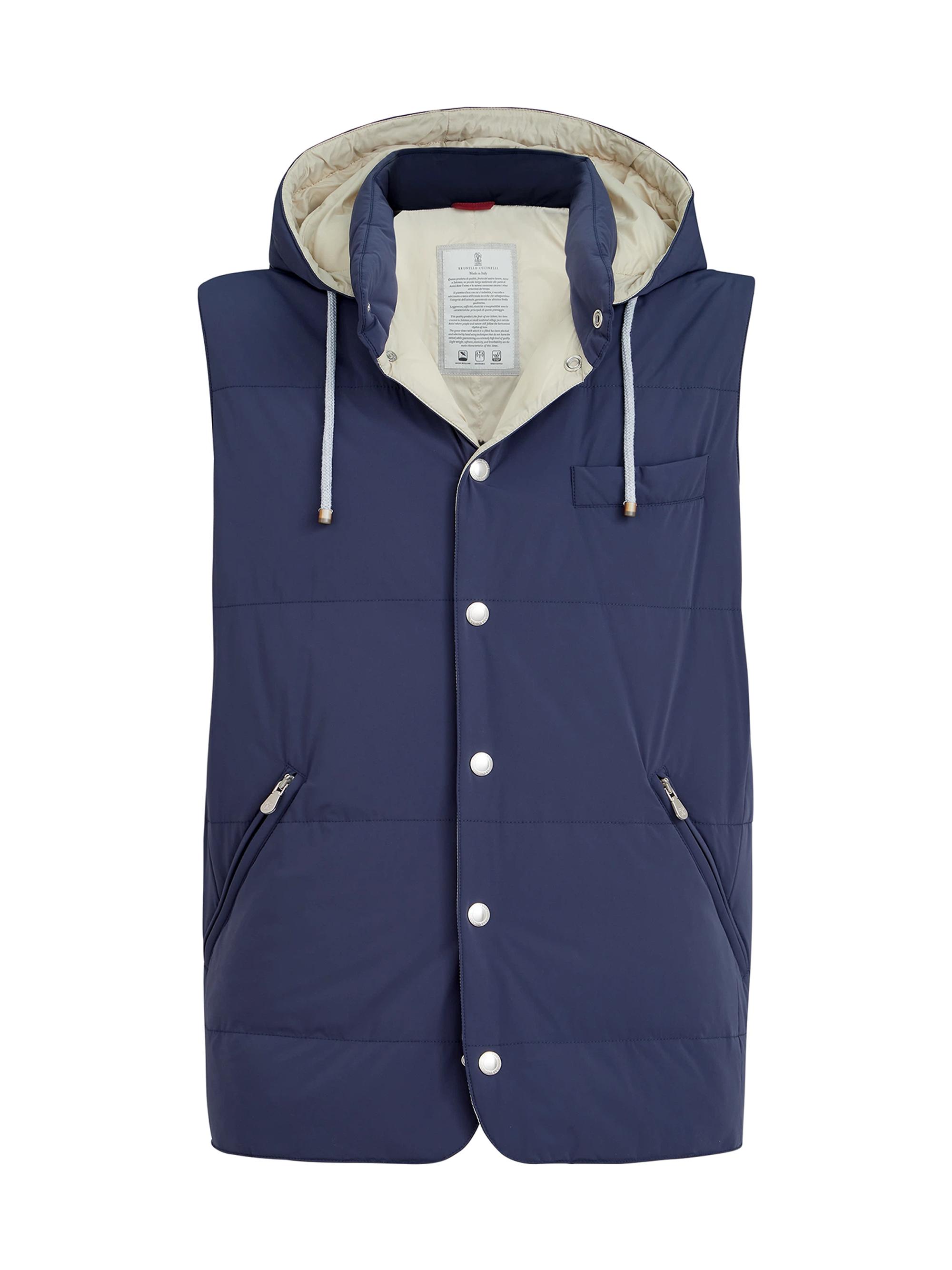 Brunello Cucinelli Men's Bonded Nylon Down Vest with Detachable Hood - Blue