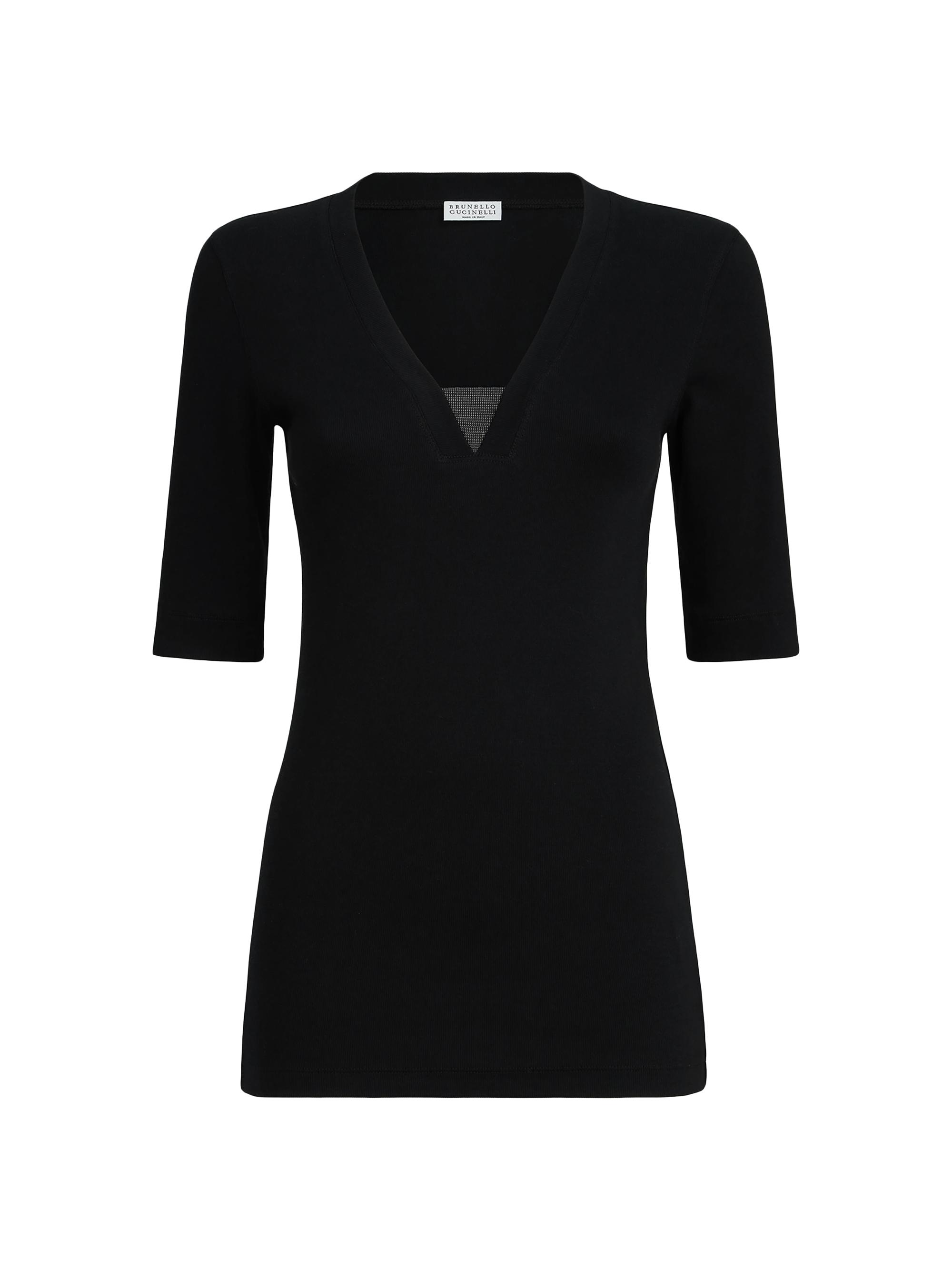 Brunello Cucinelli Women's Stretch Cotton Ribbed Jersey Top with Precious Insert - Black