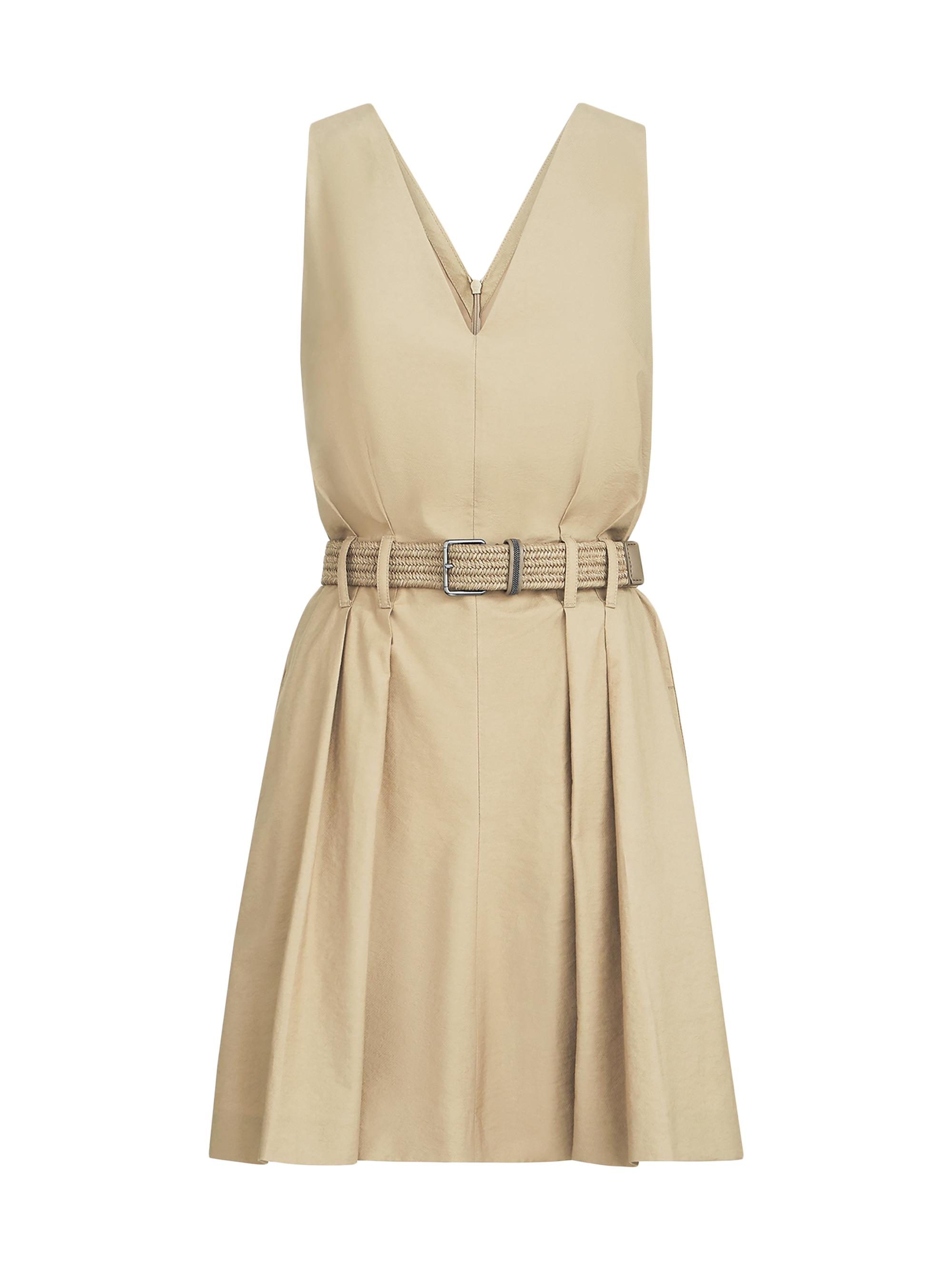 Brunello Cucinelli Women's Techno Cotton Textured Twill Belted Dress with Monili - Beige