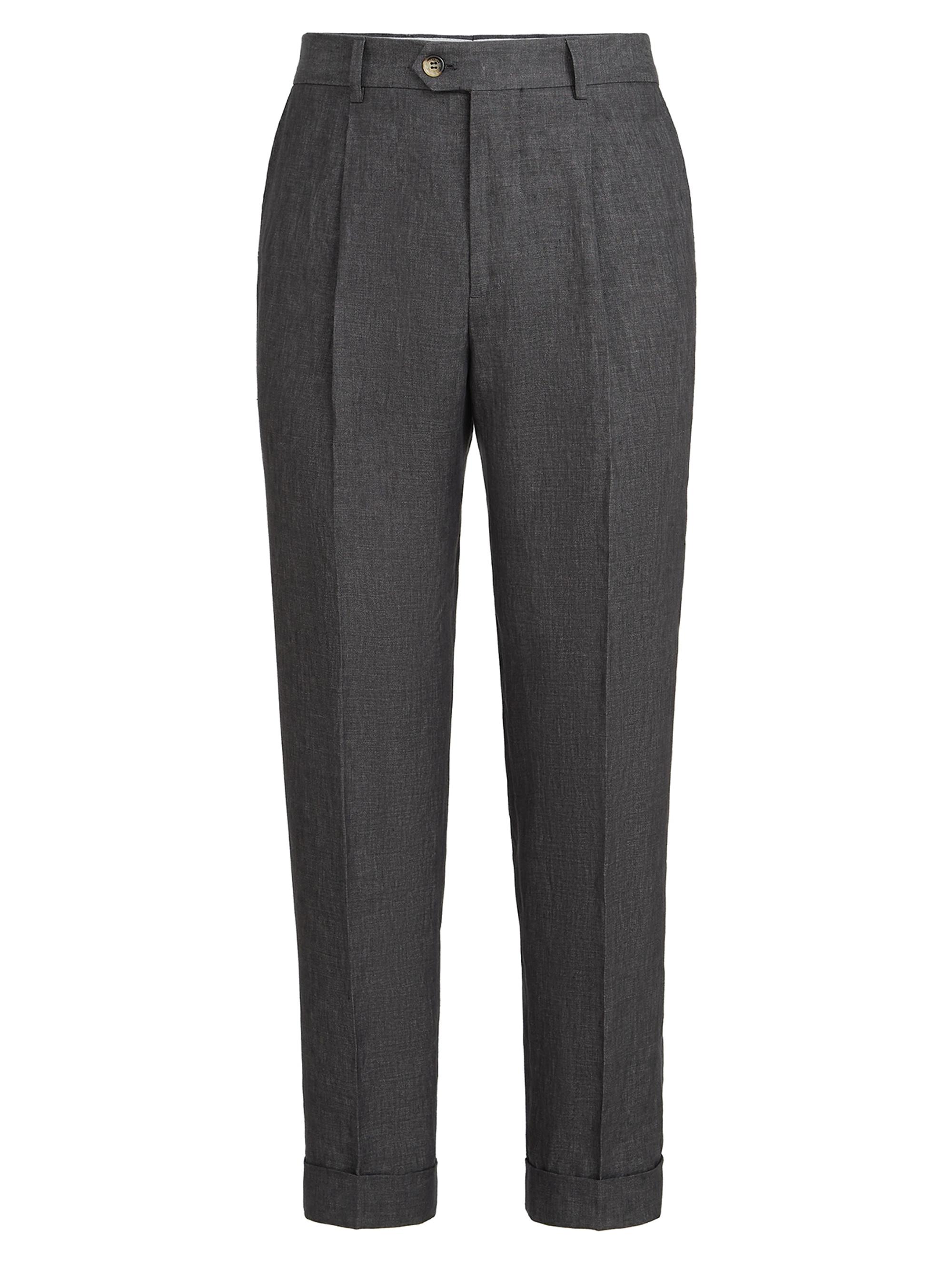 Brunello Cucinelli Men's Délavé Linen Trousers with Pleats - Anthracite