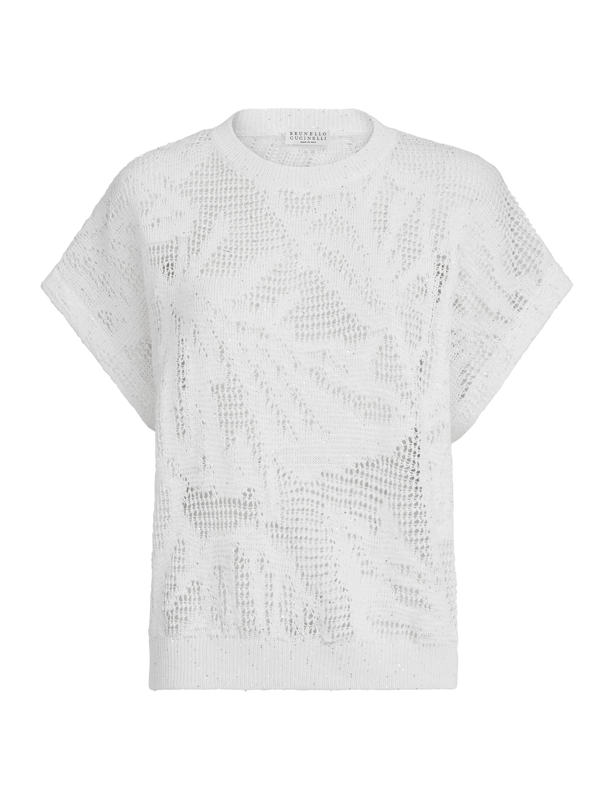 Brunello Cucinelli Women's Dazzling Water Lillies Knit T-Shirt in Linen and Cotton - White