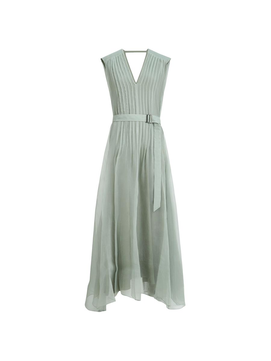 Brunello Cucinelli Crispy Silk Belted Dress with Pleated Detail