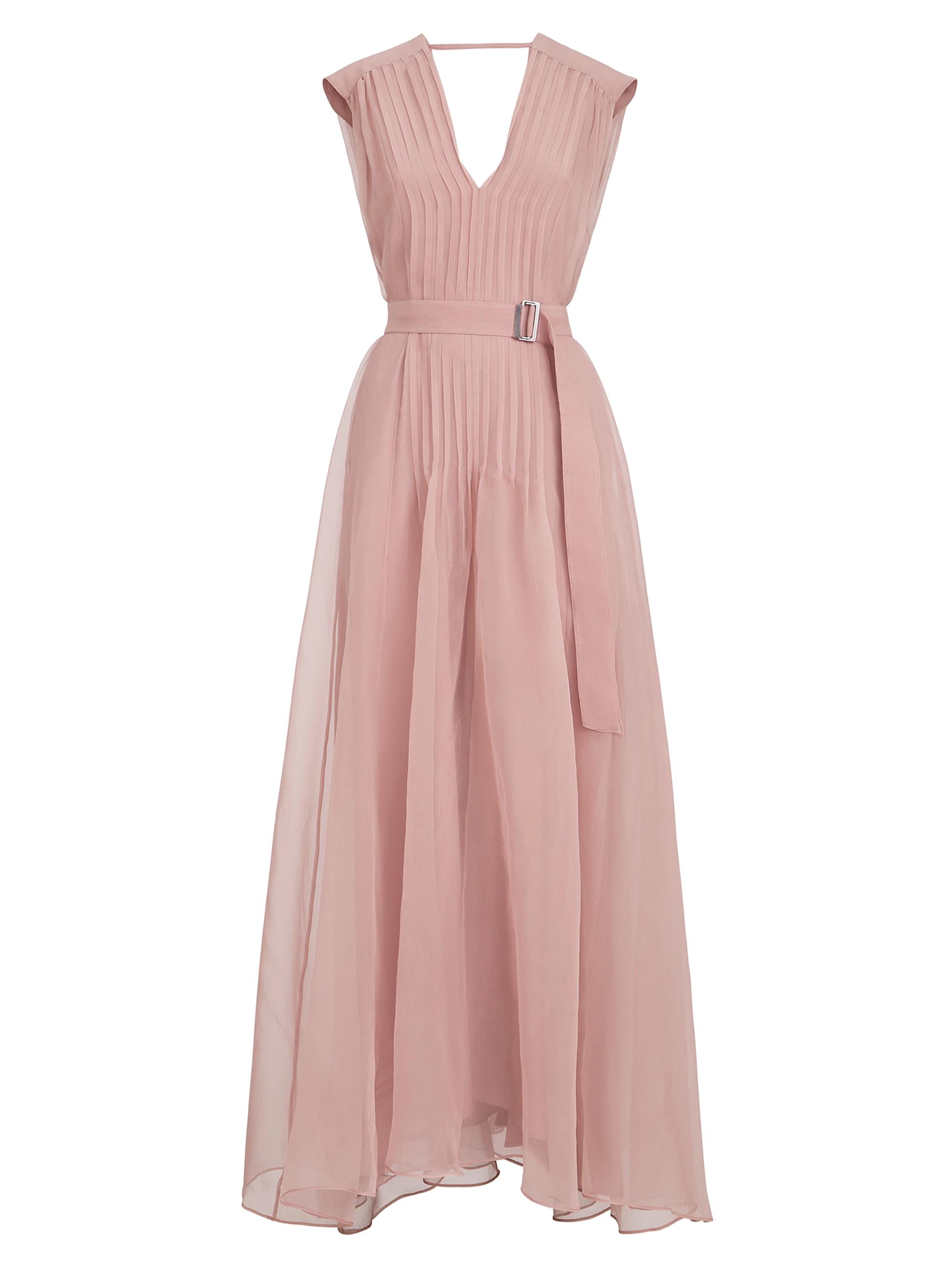 Brunello Cucinelli Women's Crispy Silk Belted Dress with Pleated Detail - Pink