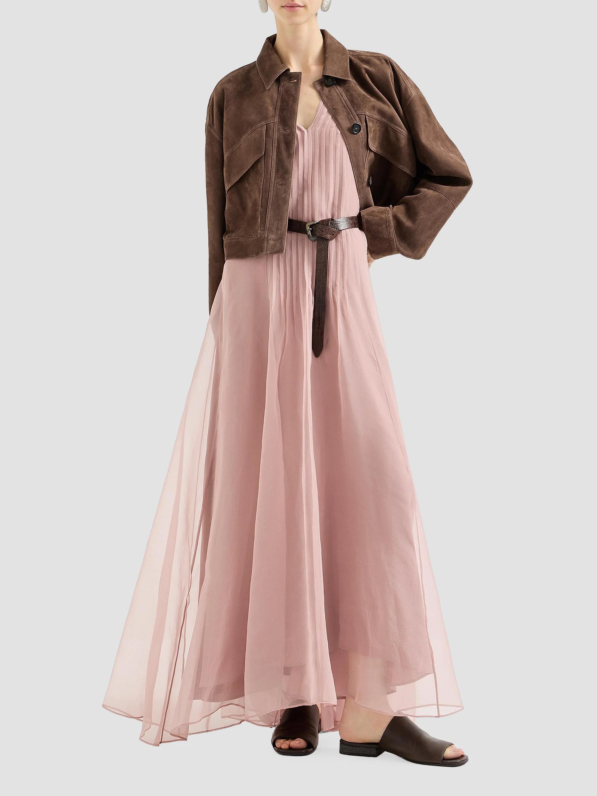 Brunello Cucinelli Crispy Silk Belted Dress with Pleated Detail