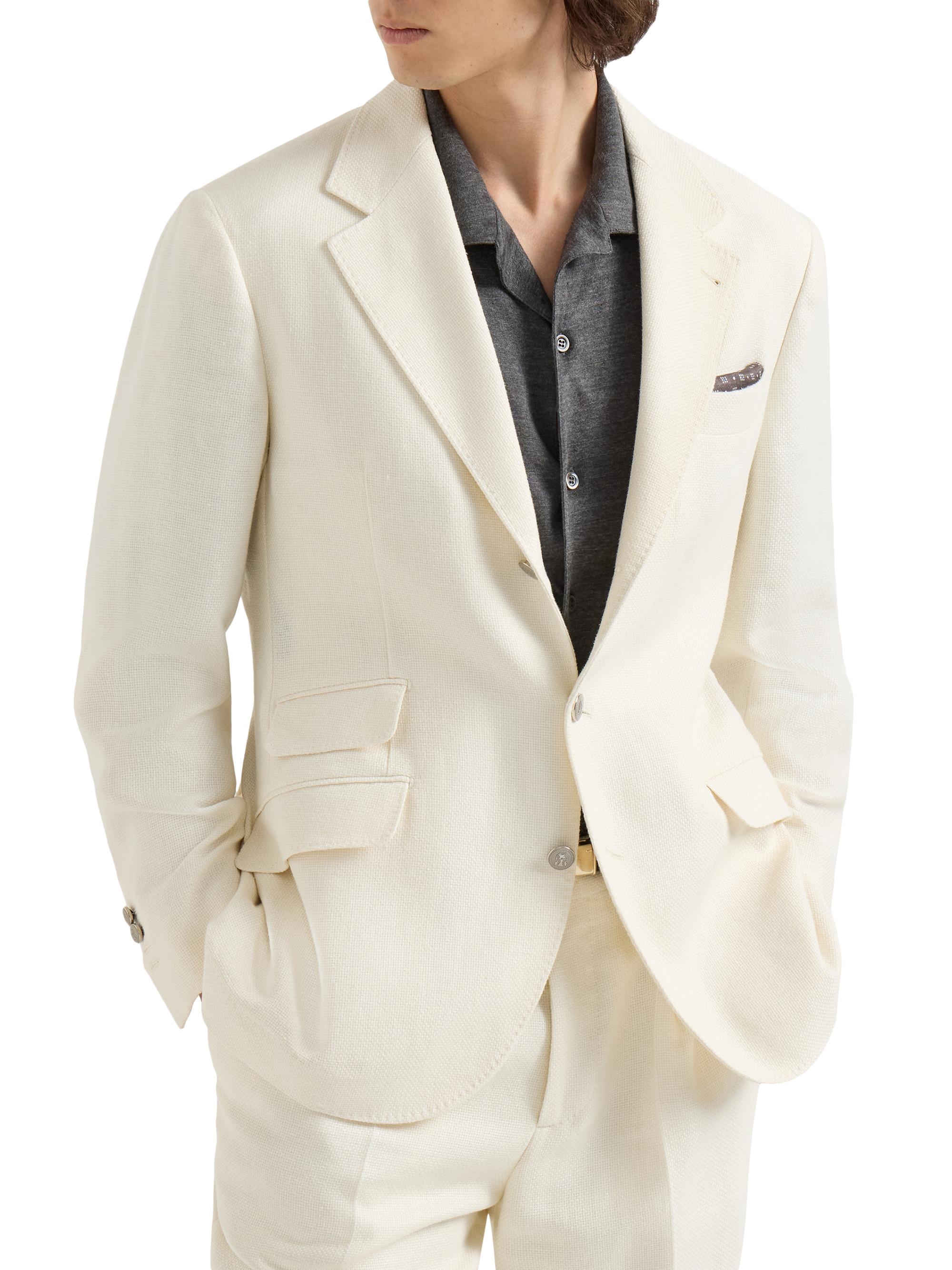 Brunello Cucinelli Men's Silk, Linen and Wool Hopsack Deconstructed Cavallo Blazer with Metal Buttons - Off White