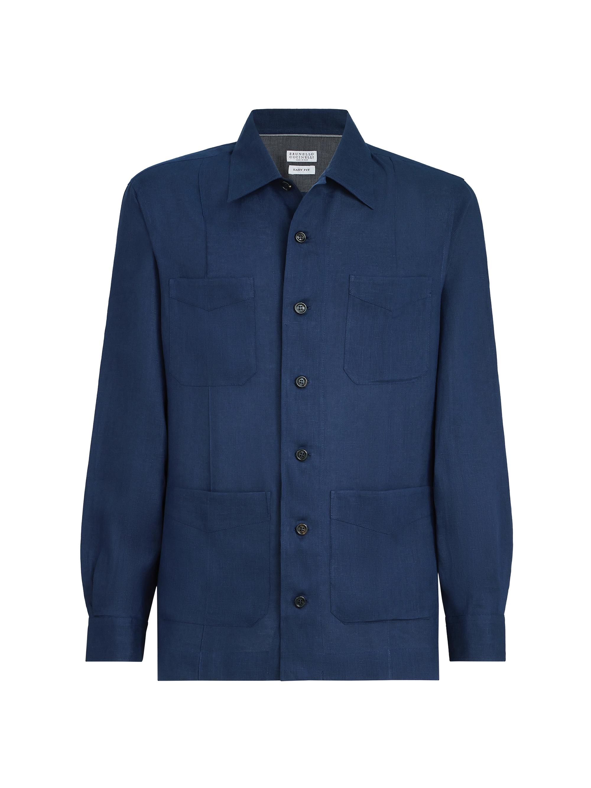 Brunello Cucinelli Men's Linen Easy Fit Guayabera Shirt - Navy Blue