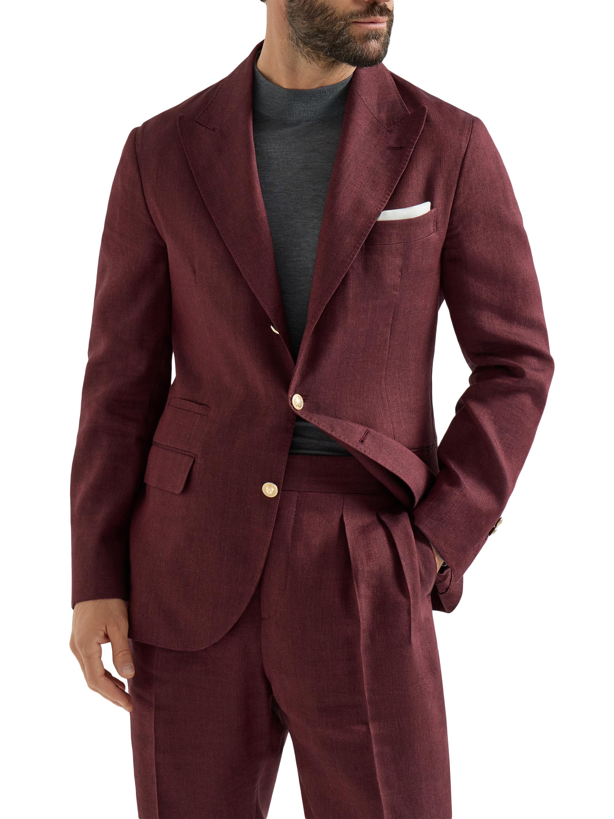 Brunello Cucinelli Men's Linen and Virgin Wool Chevron Deconstructed Blazer with Peak Lapels - Cherry