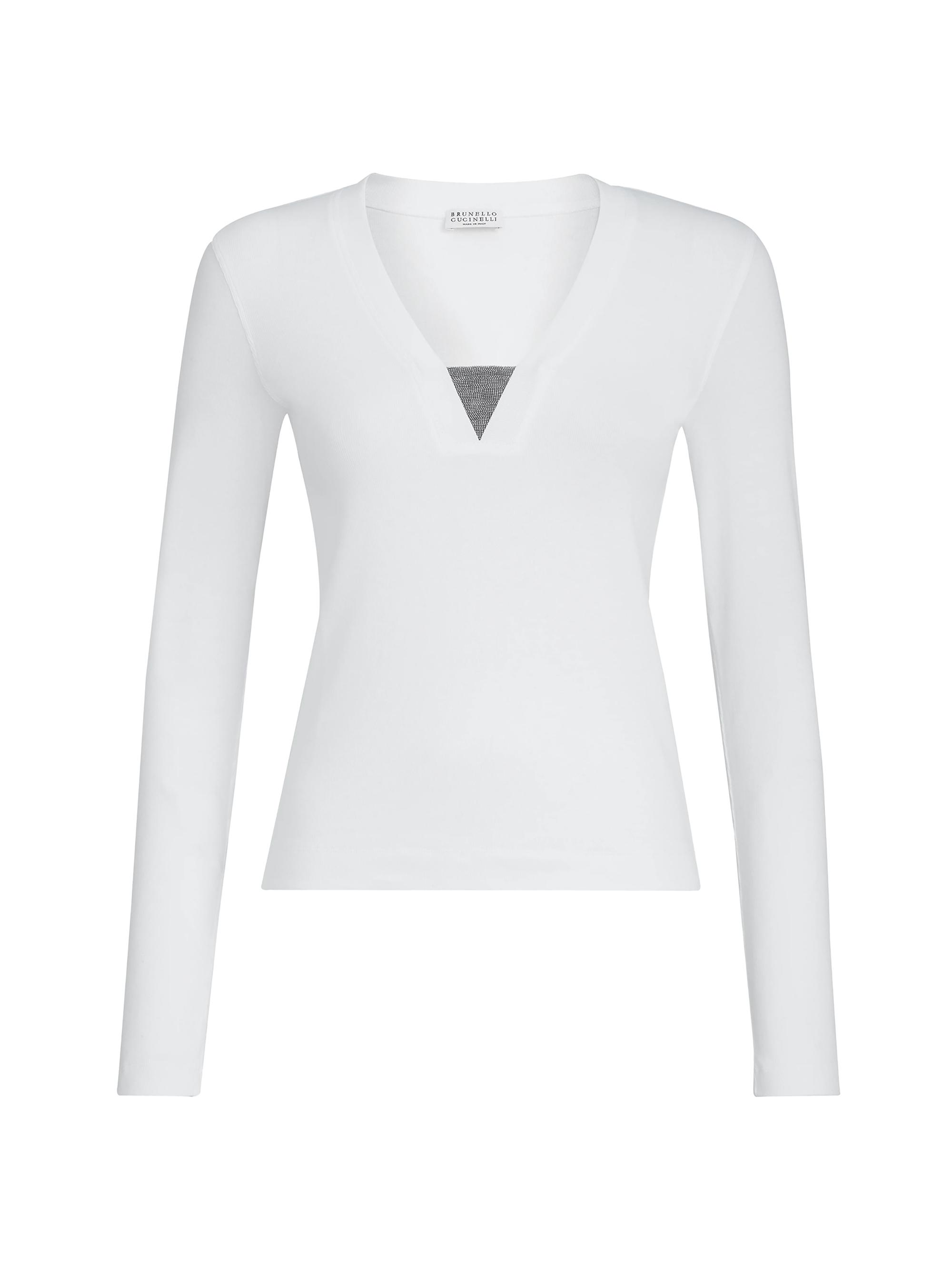 Brunello Cucinelli Women's Stretch Cotton Ribbed Jersey Top with Precious Insert - White