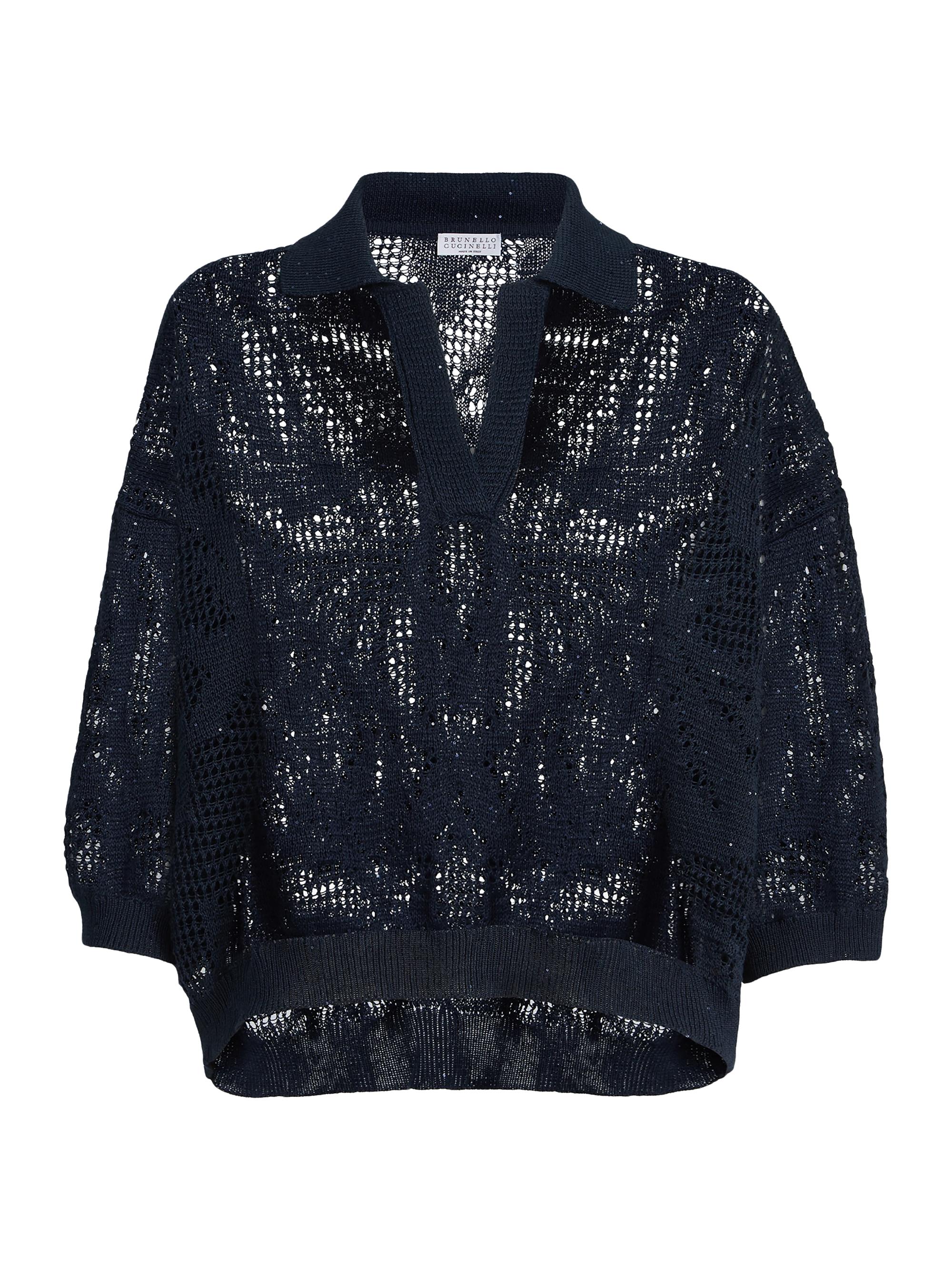 Brunello Cucinelli Women's Dazzling Water Lillies Knit Polo Shirt in Linen and Cotton - Blue