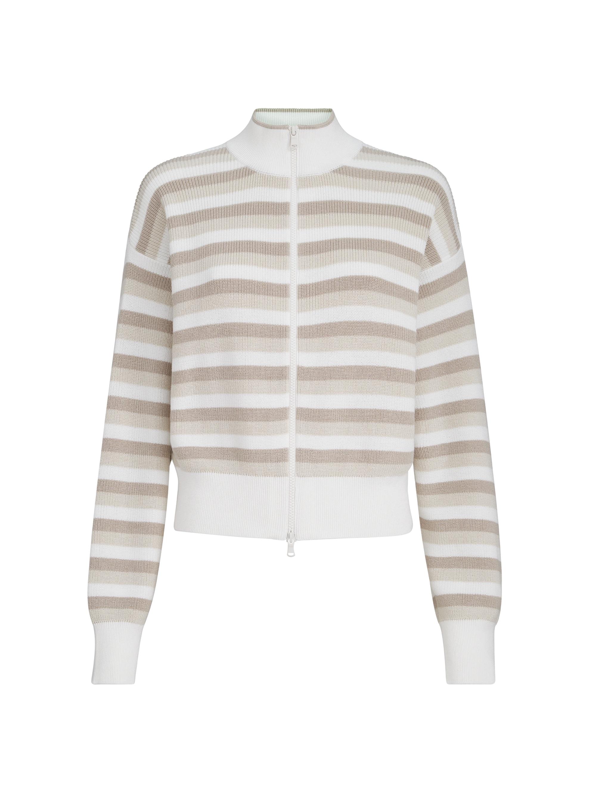 Brunello Cucinelli Women's Rib Knit Cotton Cardigan with Stripes - Beige