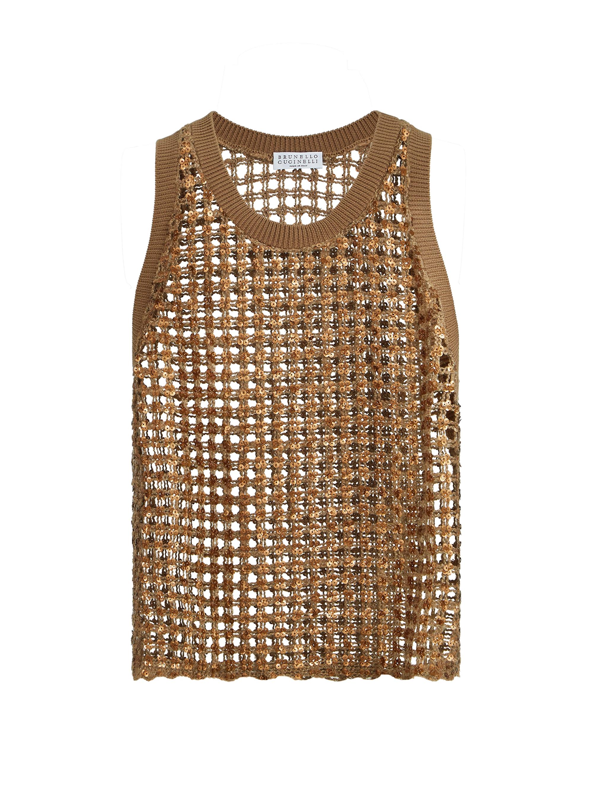 Brunello Cucinelli Women's Dazzling Net Embroidery Top in Silk and Linen - Brown