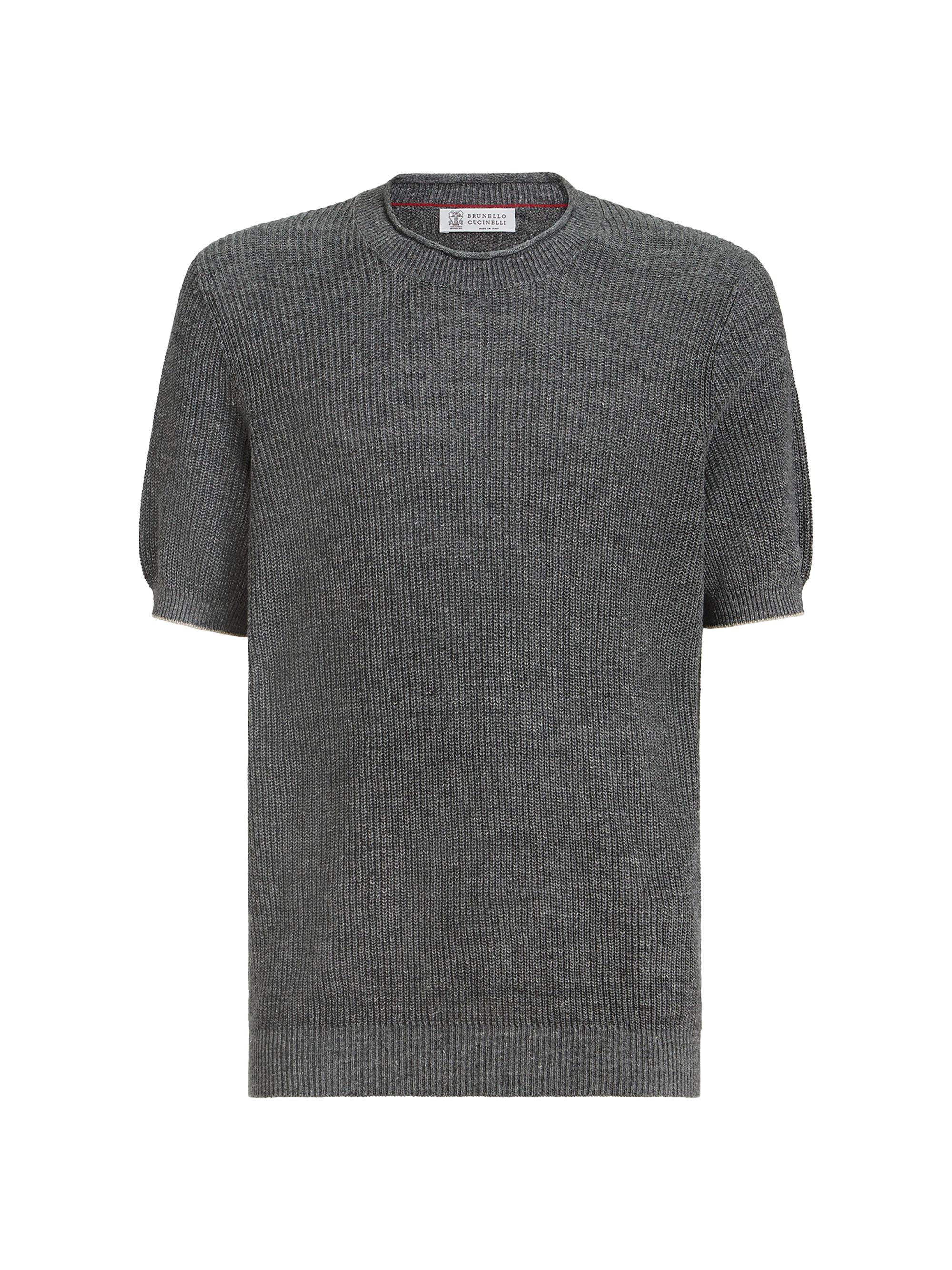 Brunello Cucinelli Men's Linen and Cotton Half English Rib Knit T-Shirt - Dark Grey