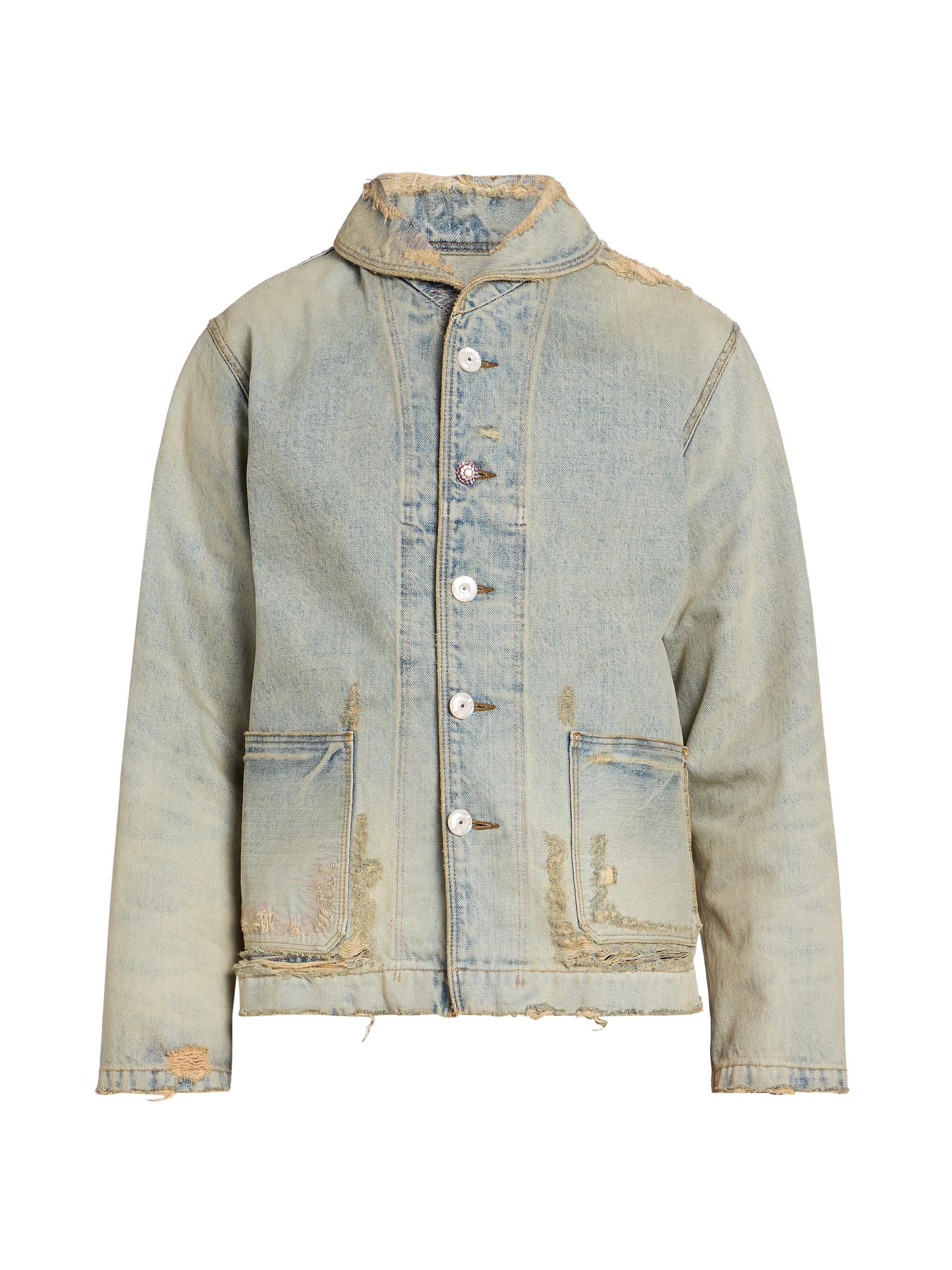 Kenzo Men's Distressed Denim Shawl Chore Jacket - Bleached Blue Denim